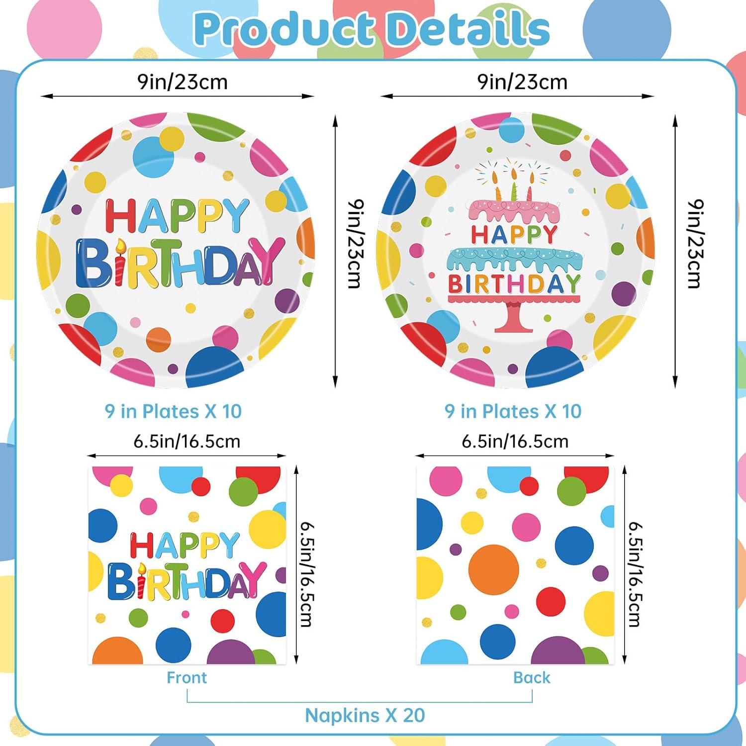 Thumbnail 2 de 40 Pcs Happy Birthday Paper Plates and Napkins Sets — Polka Dots Party Tableware for 20
