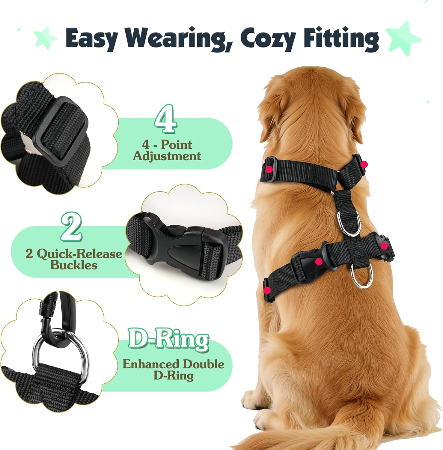 Detalle 1 de Pawaboo dog seat belt harness (double clips, adjustable vest, elastic bungee) – Light Blue & Black, size S