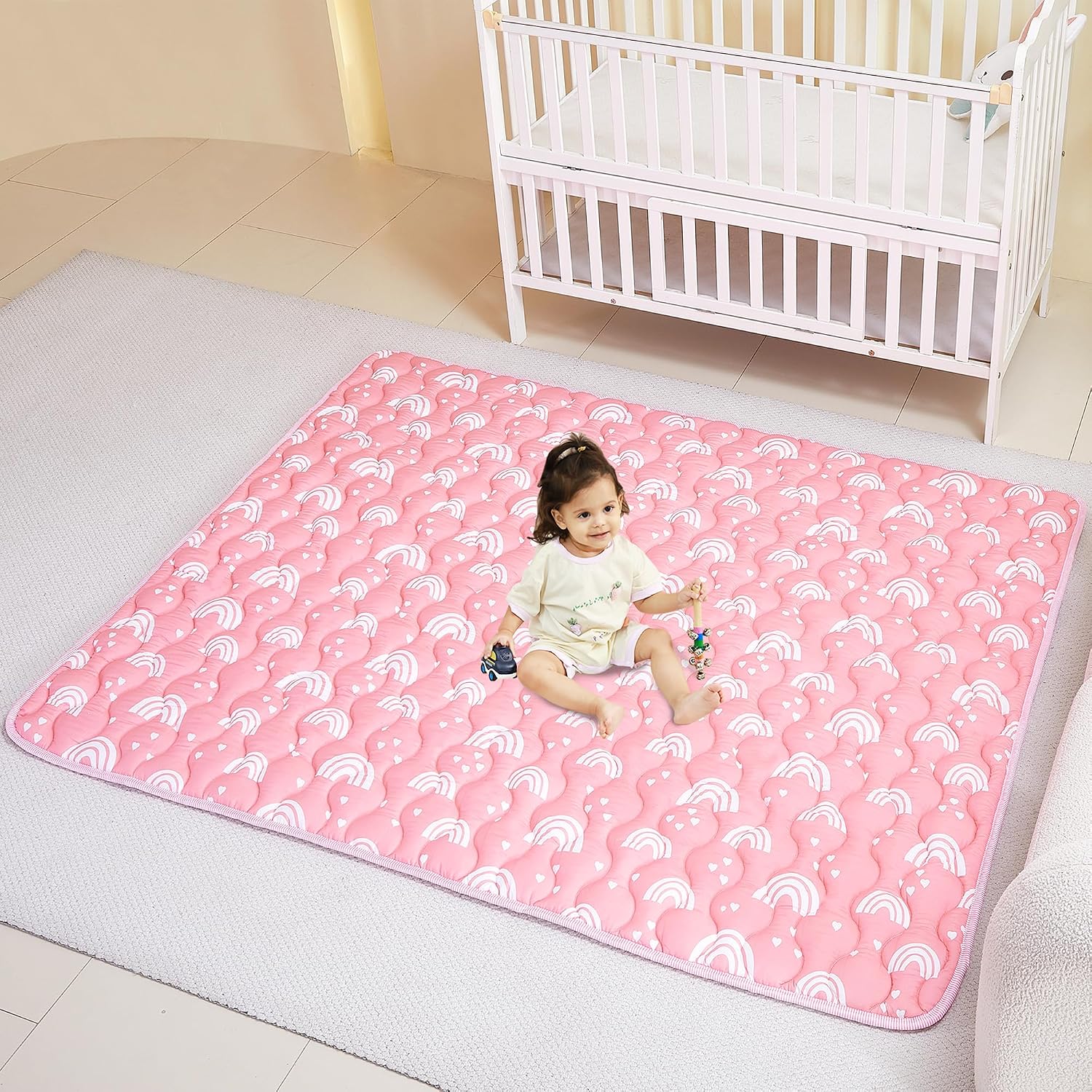 Detalle de Viviland 71 x 59-Inch Baby Play Mat, Thick Padded, Non-Slip, Pink Rainbow
