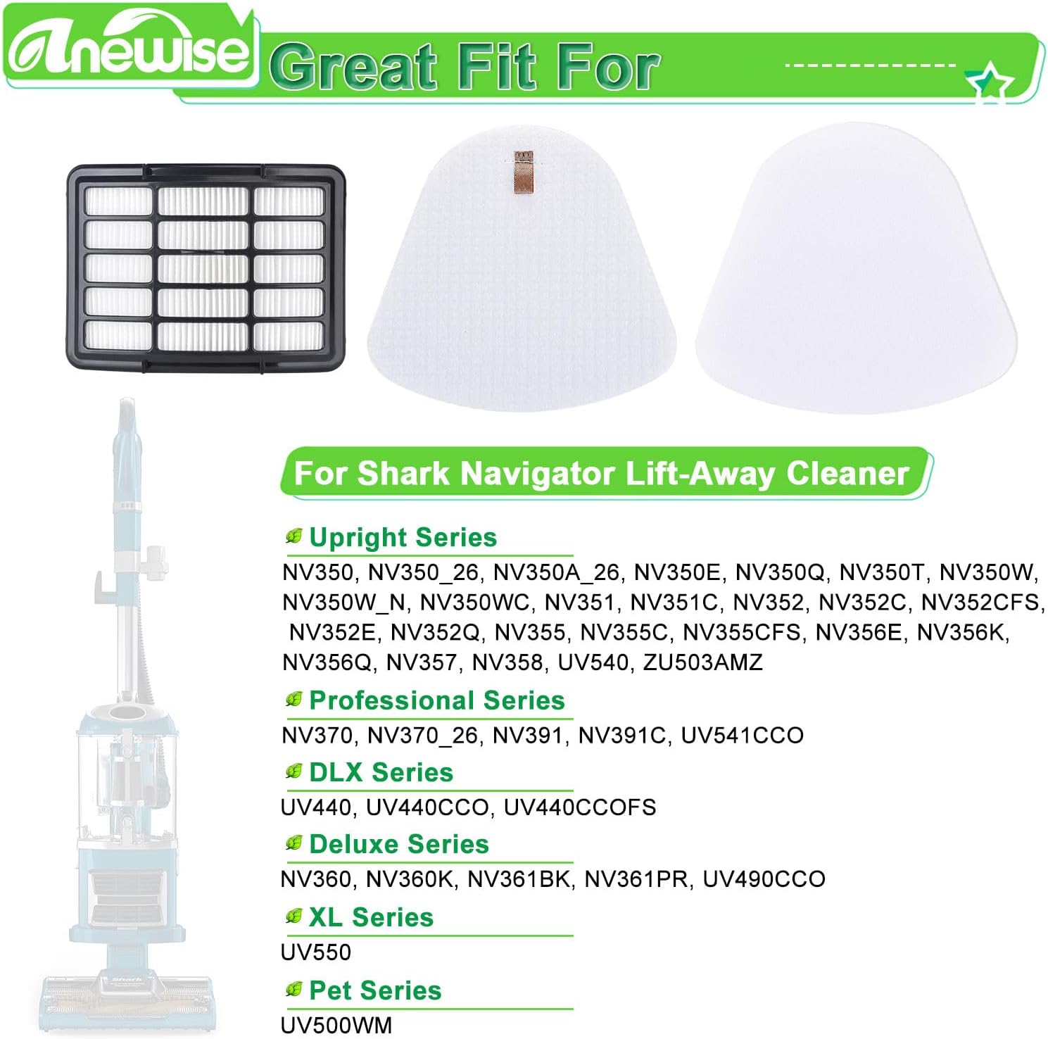Detalle de Anewise FBA_Shk 350-3 Vacuum Filters for Shark Navigator, Washable HEPA Set