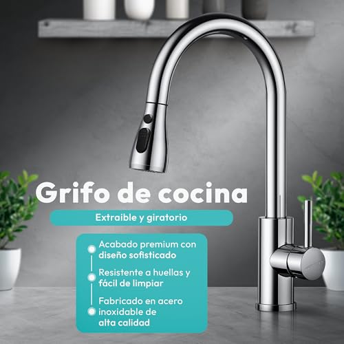 Detalle de JUPPLIES Grifo Cocina Extraíble – Acero Inoxidable 304, giro 360° y 3 modos de agua
