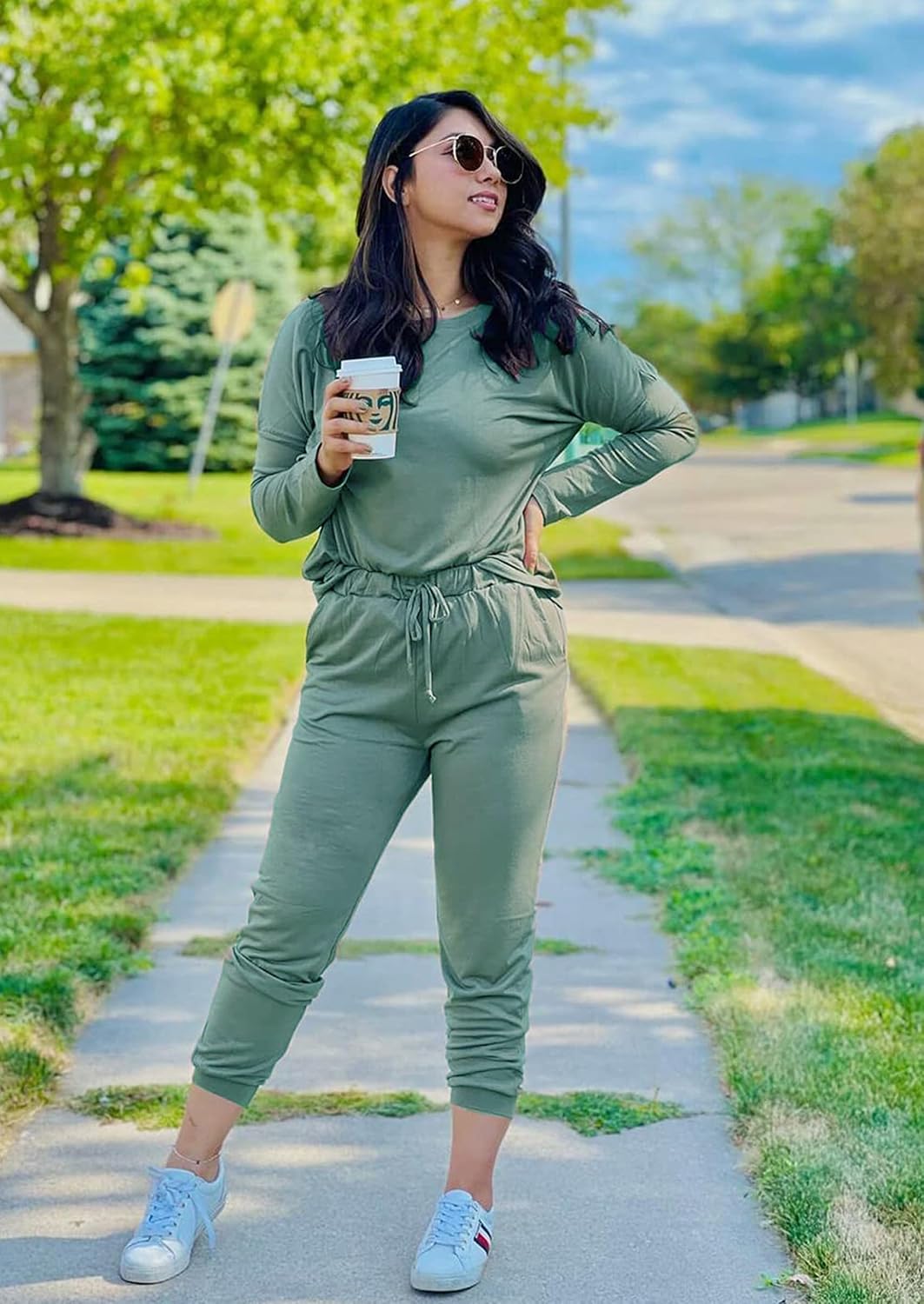 Detalle 2 de PRETTYGARDEN Women Fall 2 Piece Lounge Outfit: Long Sleeve Top & High-Waisted Jogger Pants Set