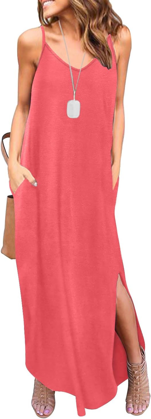Detalle de HUSKARY Women’s Summer Casual Sleeveless V-Neck Strappy Split Loose Dress (Beach Cover-Up Maxi) with Pocket