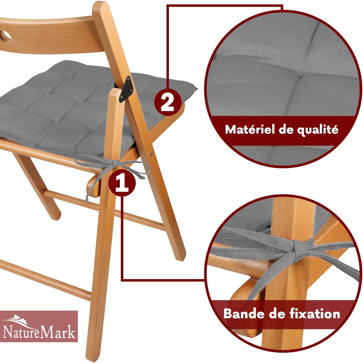 Thumbnail 5 de NatureMark lot de 4 galettes de chaise grises argentées 40 x 40 cm avec rubans (épaisseur 3 cm)