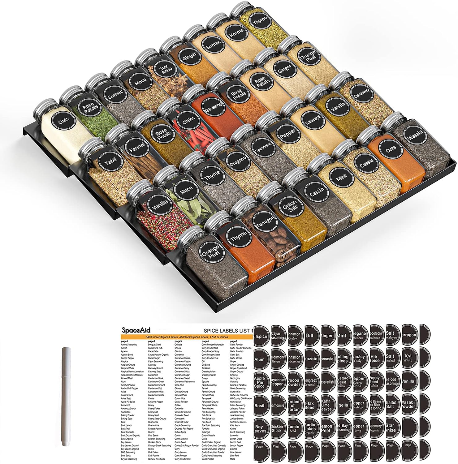 Detalle de SpaceAid Spice Drawer Organizer Set with 36 Glass Spice Jars, 4-Tier Rack & Labels