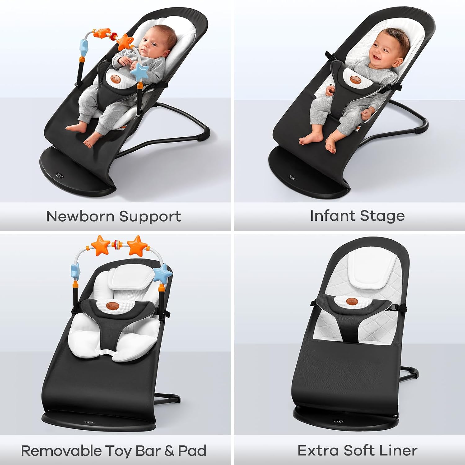 Detalle de HKAI Baby Bouncer Seat with Toy Bar, Seat Pad, and 3-Position Backrest