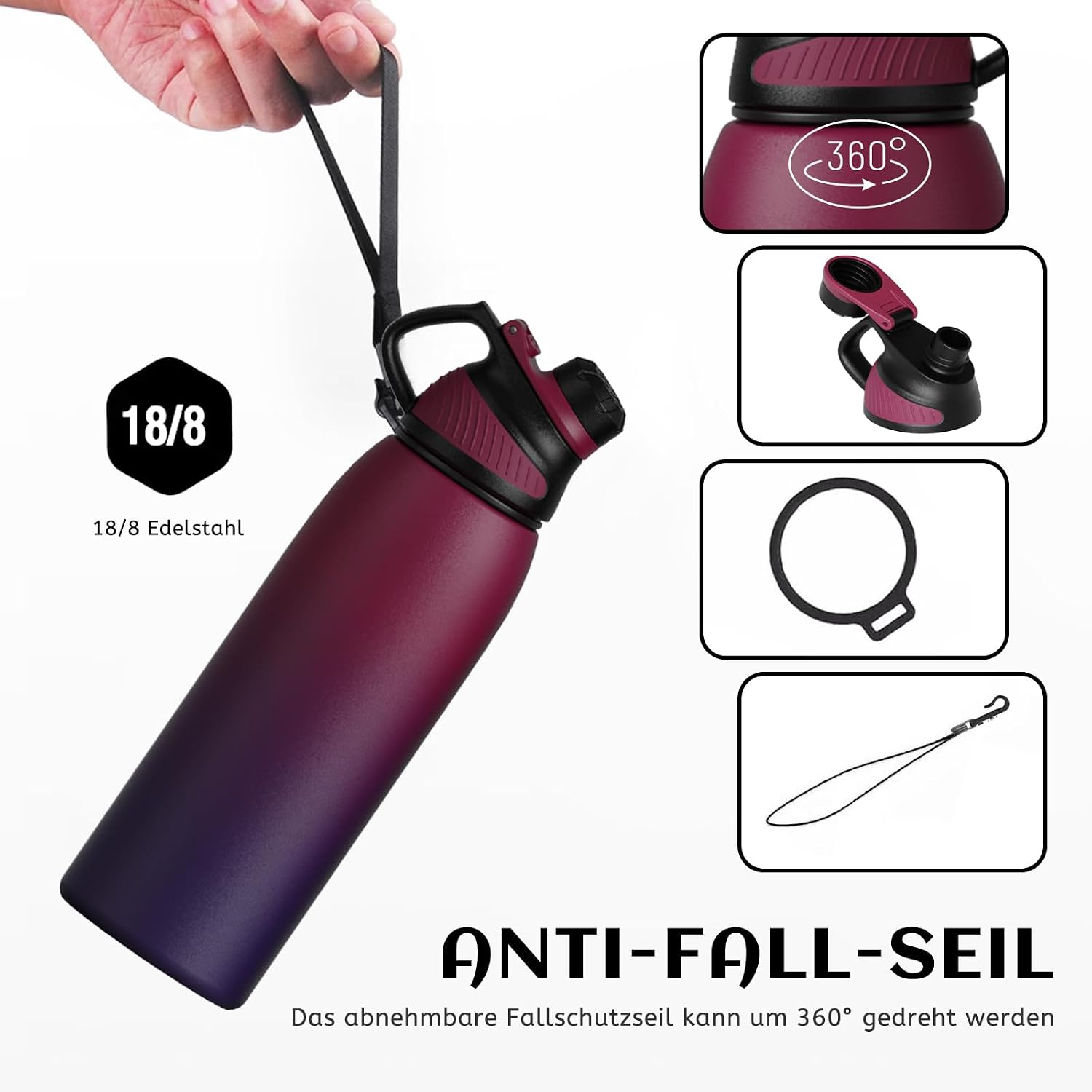 Detalle de FJbottle Edelstahl Sport-Trinkflasche mit magnetischem Deckel (BPA-frei), auslaufsicher – 1.000 ml/800 ml/600 ml/400 ml