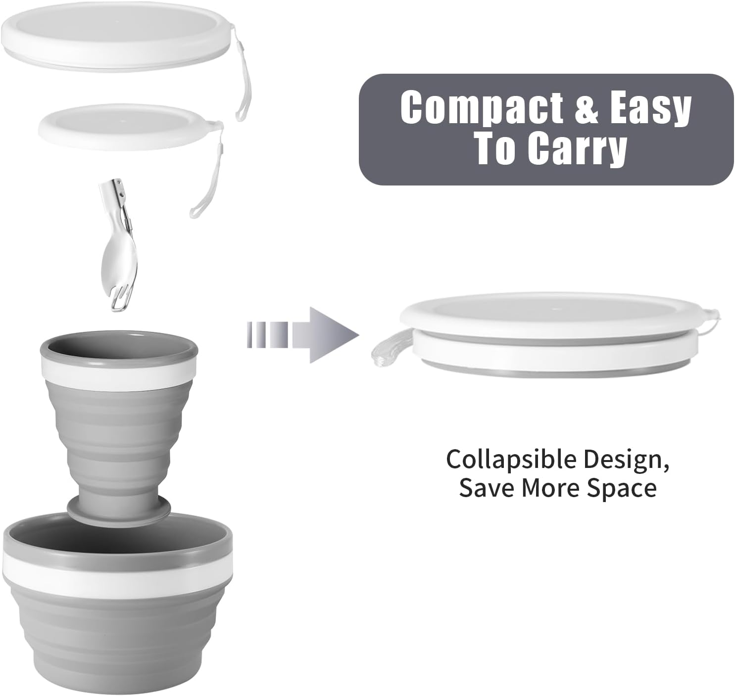 Thumbnail 1 de Odoland set stoviglie da campeggio per 1 persona con ciotola pieghevole in silicone, tazza con coperchio e cucchiaio in acciaio