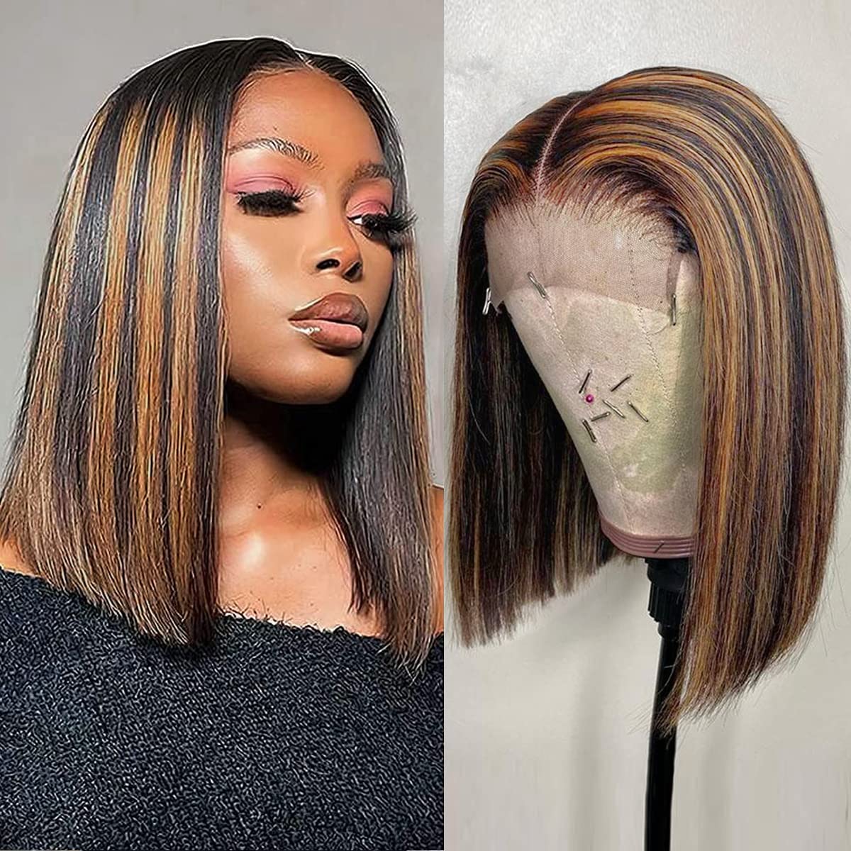 Thumbnail 2 de Colorful Bird Highlight Ombre Lace Front Bob Wig (12 Inch) – 4x4 HD Lace Closure, 150% Density, Brazilian Human Hair