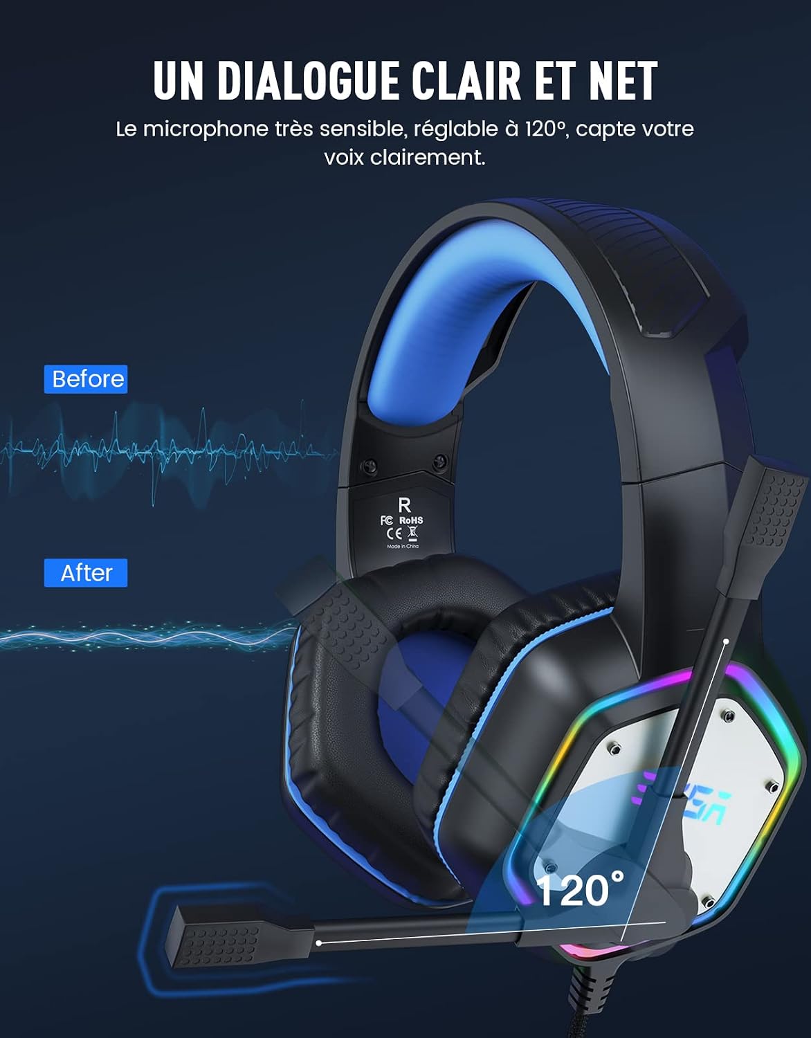 Detalle de EKSA E1000: Cuffie Gaming USB con Surround 7.1, RGB, Microfono e USB Plug & Play