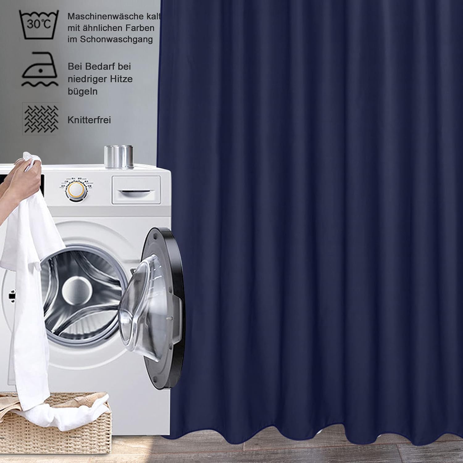 Detalle 2 de EurCross Schmaler Duschvorhang 100x200 cm Textil Blau – wasserdicht, antibakteriell, 7 Ringe