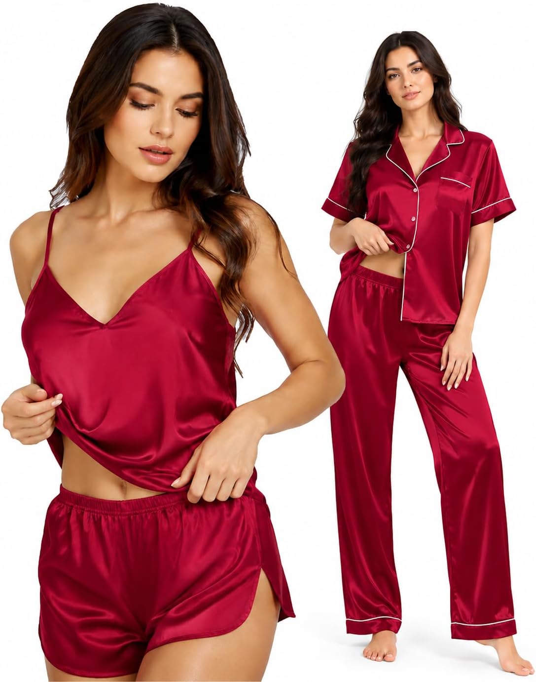 Detalle de SWOMOG 4-Piece Satin Pajama Set with Cami and Button-Down Shirt