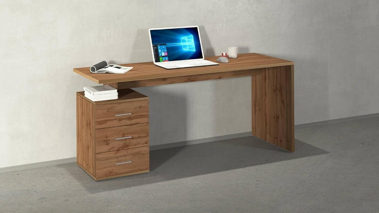 Detalle de Dmora Scrivania Siro: Scrittoio lineare 160x60 cm in Rovere, versatile e salvaspazio