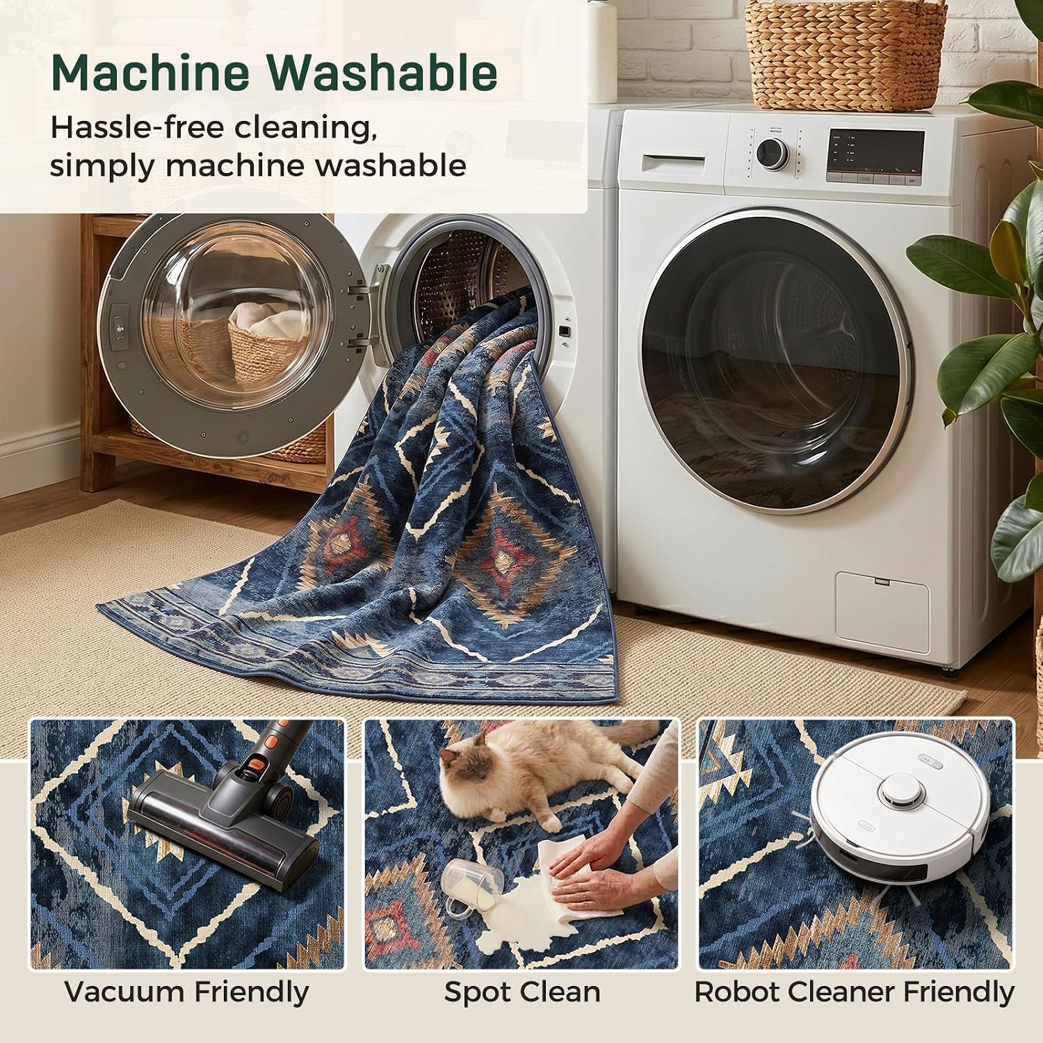 Detalle de DEFYNEE Machine Washable Rugs 120x180 cm (Vintage Blue, Non-Slip Short Pile)