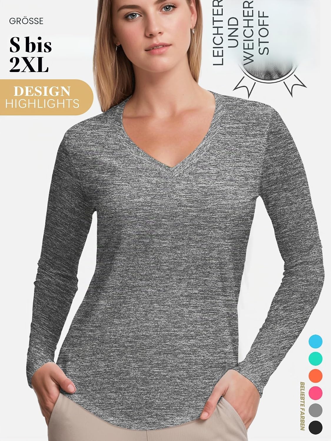 Detalle de Sportshirt Damen Kurzarm V-Ausschnitt UPF 50+ – atmungsaktives Fitness-T-Shirt im 5er-Pack