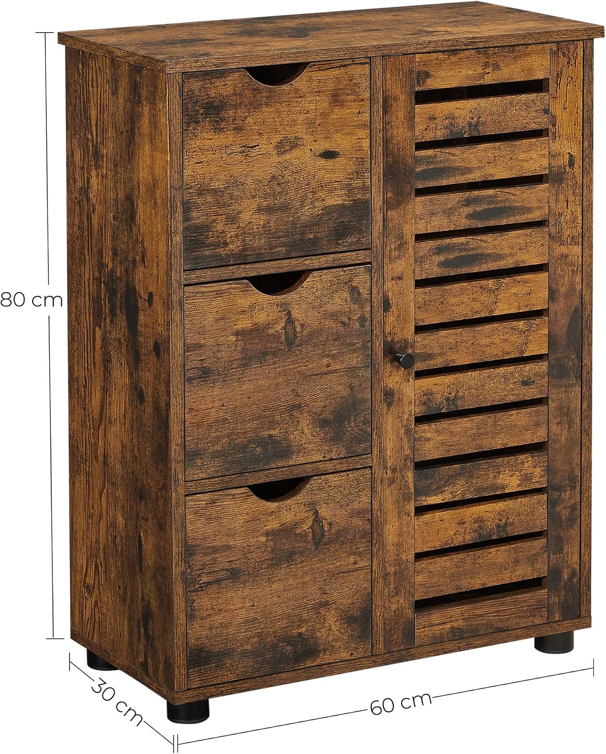 Detalle de VASAGLE BBK143X01 Bathroom Floor Cabinet, Rustic Brown, 3 Drawers