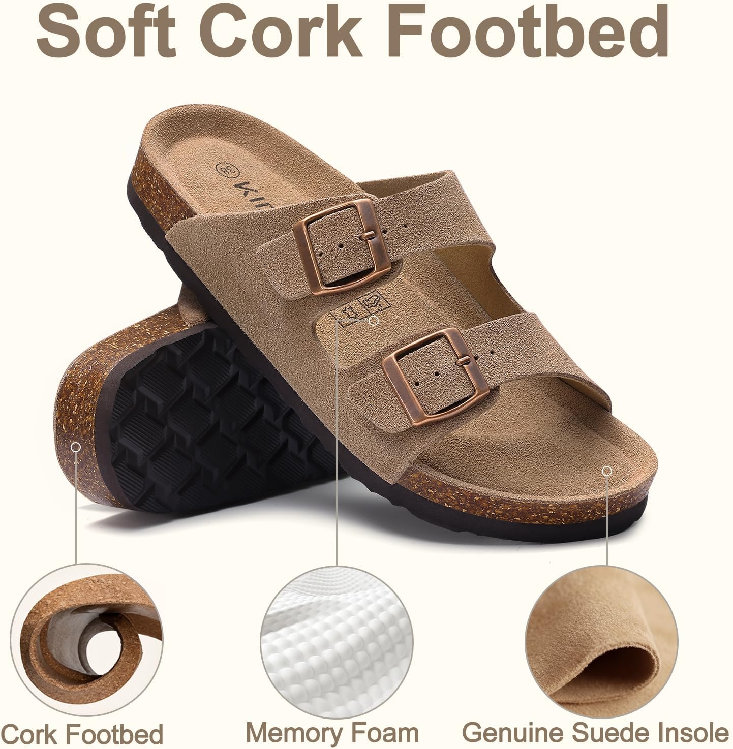 Detalle de KIDMI Women Vegan Sandals Arch Support Cork Footbed Slide, Mocha 5