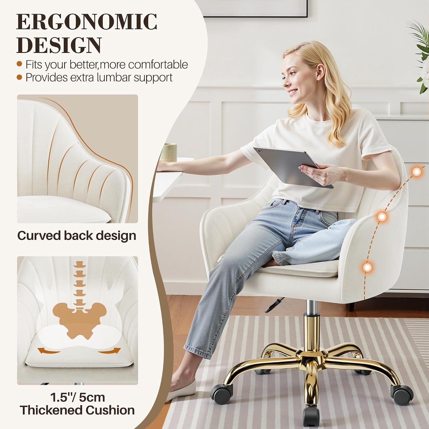 Detalle 2 de BestEra P10 Velvet Vanity Chair with Wheels, Adjustable Height, Beige