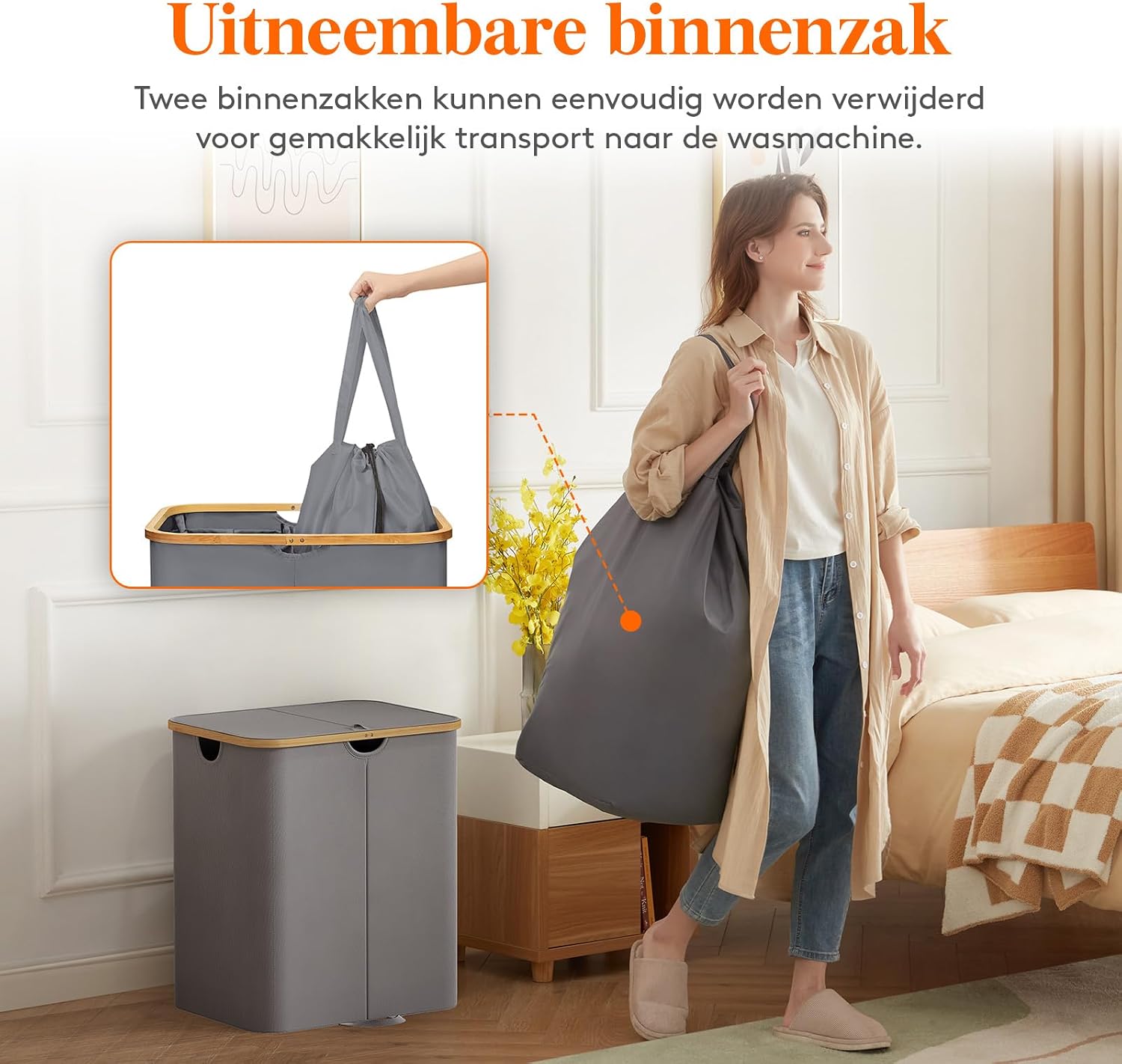 Detalle de Lifewit wasmand 120 L met deksel, 2 vakken en uitneembare waszakken