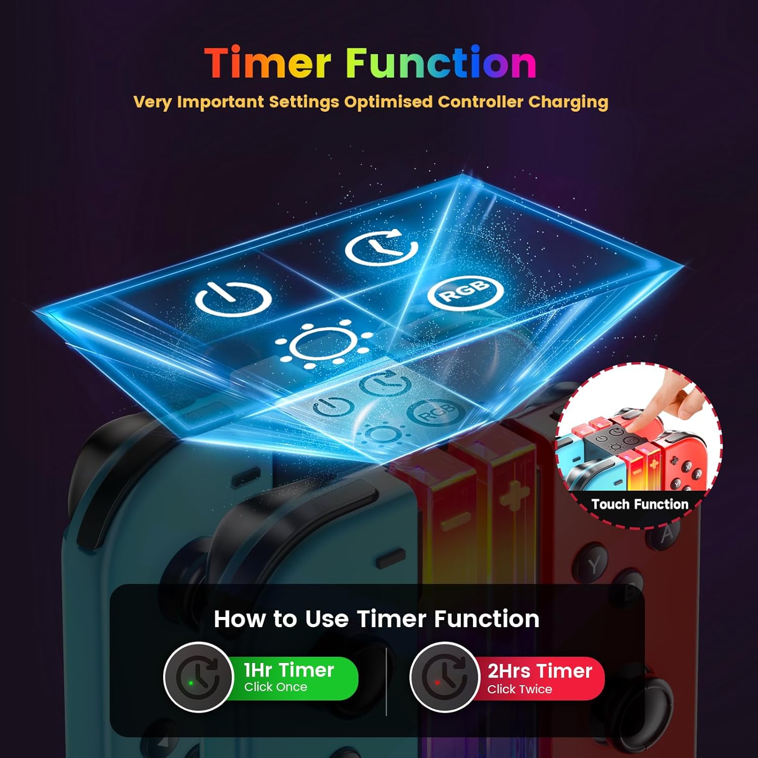 Thumbnail 2 de Wenocally Switch Controller Charger Dock per Joy‑Con con luci RGB