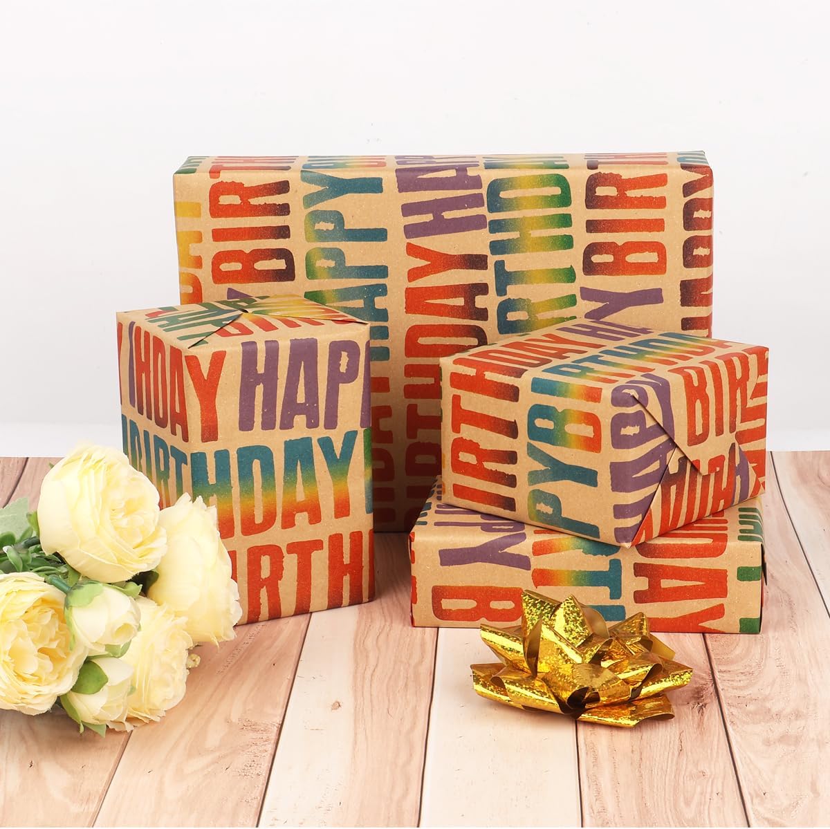 Detalle de Birthday Wrapping Paper Roll, 15m – Colourful Happy Birthday Kraft Gift Wrap