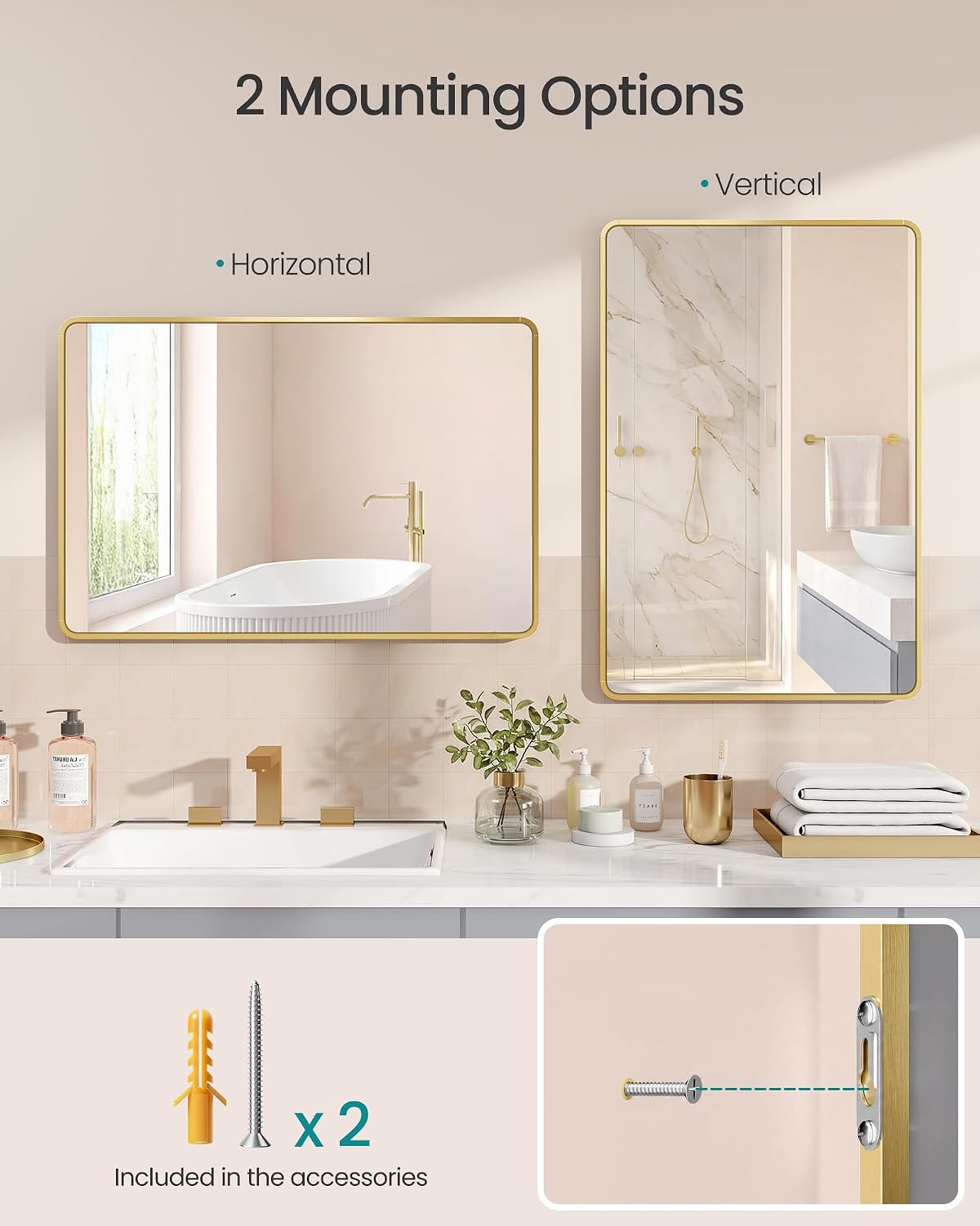 Thumbnail 5 de SONGMICS Berit LWM010AB01 Wall-Mounted Bathroom Mirror, 61 x 91 cm, Pale Gold