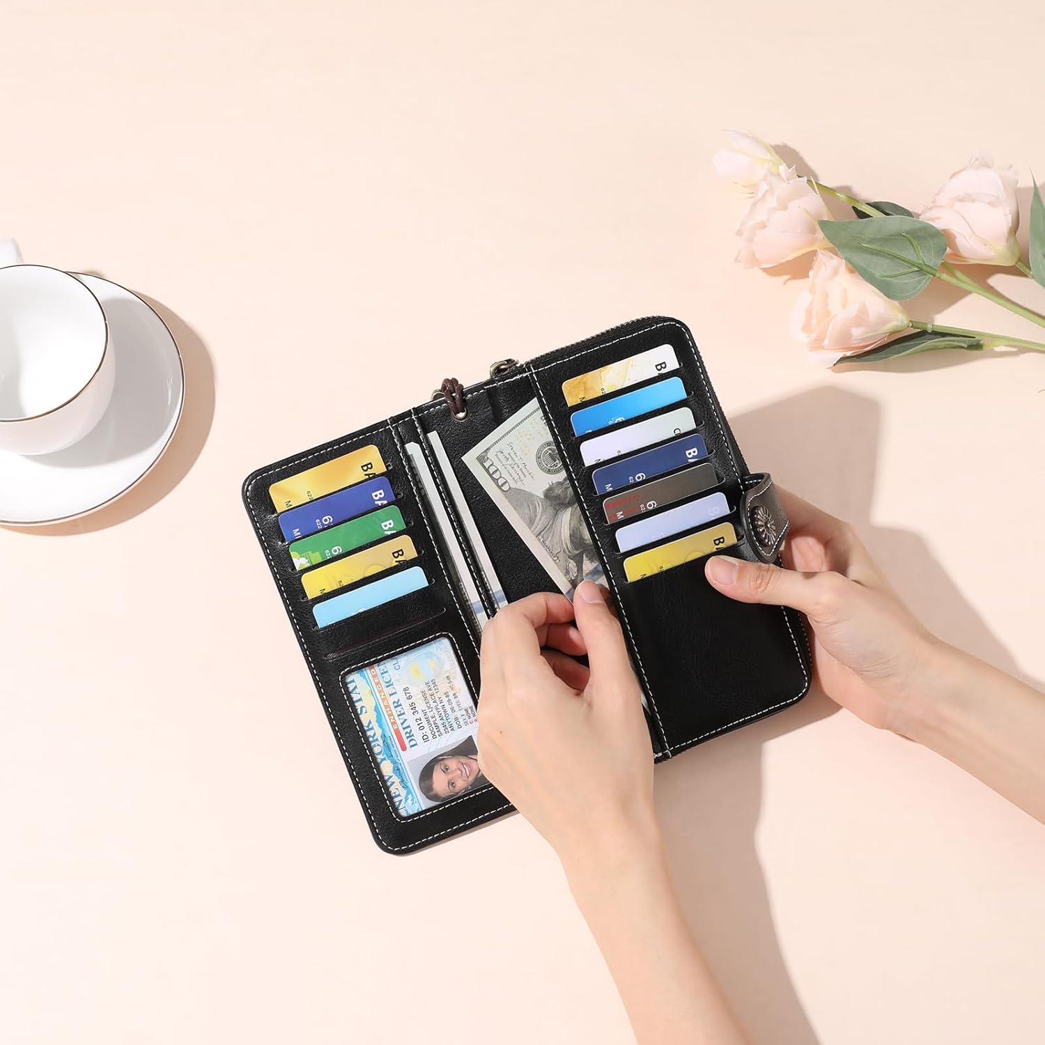 Thumbnail 5 de GOIACII Damen-Geldbörse mit RFID-Schutz aus Leder, groß (Vintage-Design) – mit abnehmbarer Handschlaufe