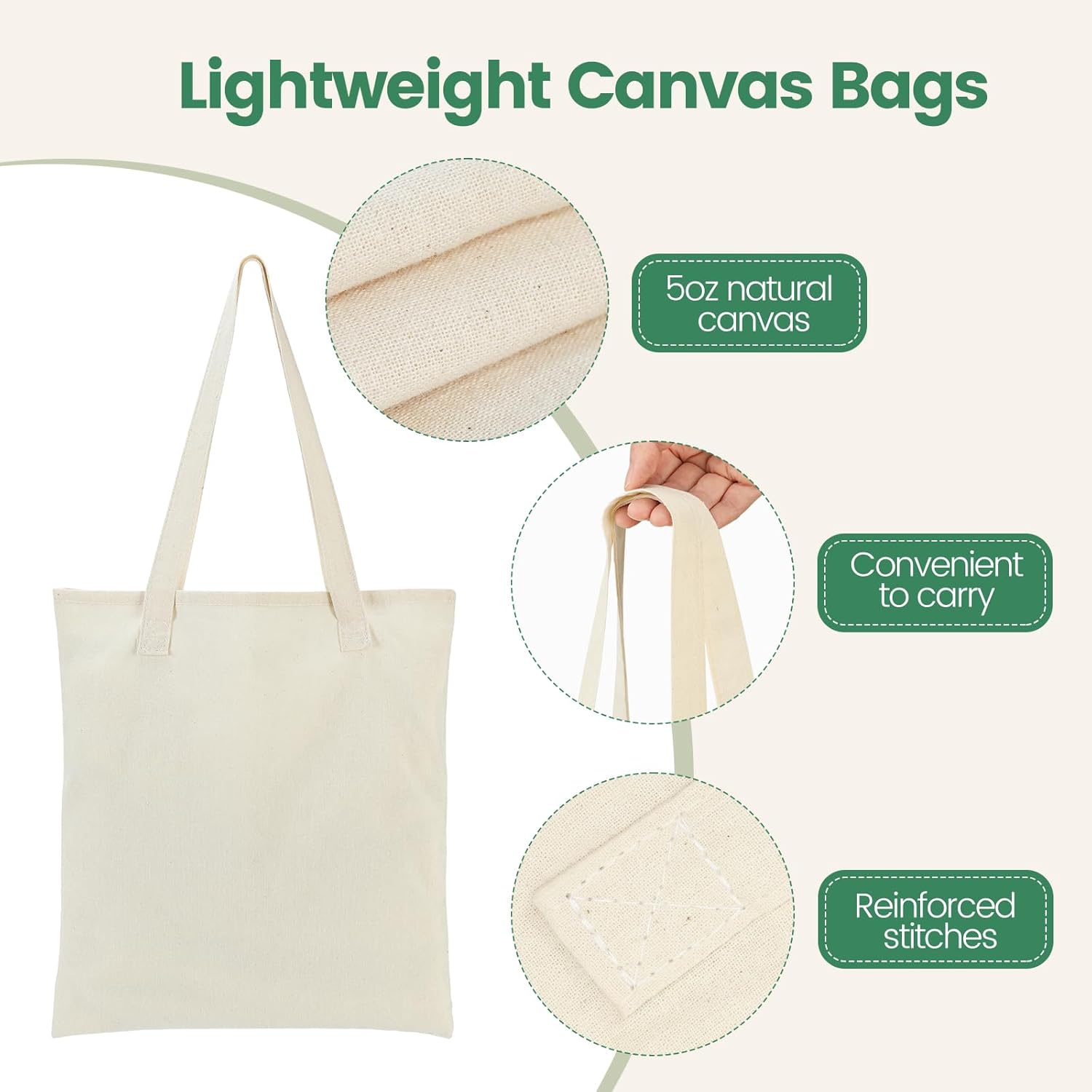 Thumbnail 4 de Carbrea 12 Pack Canvas Tote Bag (Lightweight Thin) – Beige blank reusable bags for DIY, sublimation, and gifting
