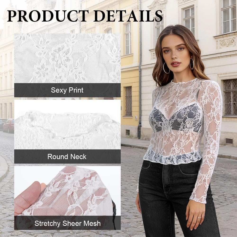 Detalle de BSBUY 5477500 transparante mesh top met bloemenmotief en lange mouwen