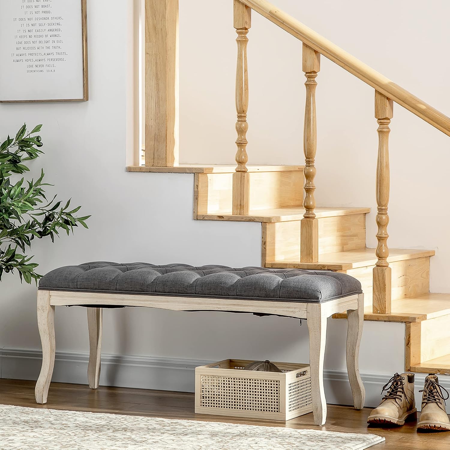 Detalle de HOMCOM banquette capitonnée en lin style classique chic, 110 cm, piètement en bois d’hévéa sculpté