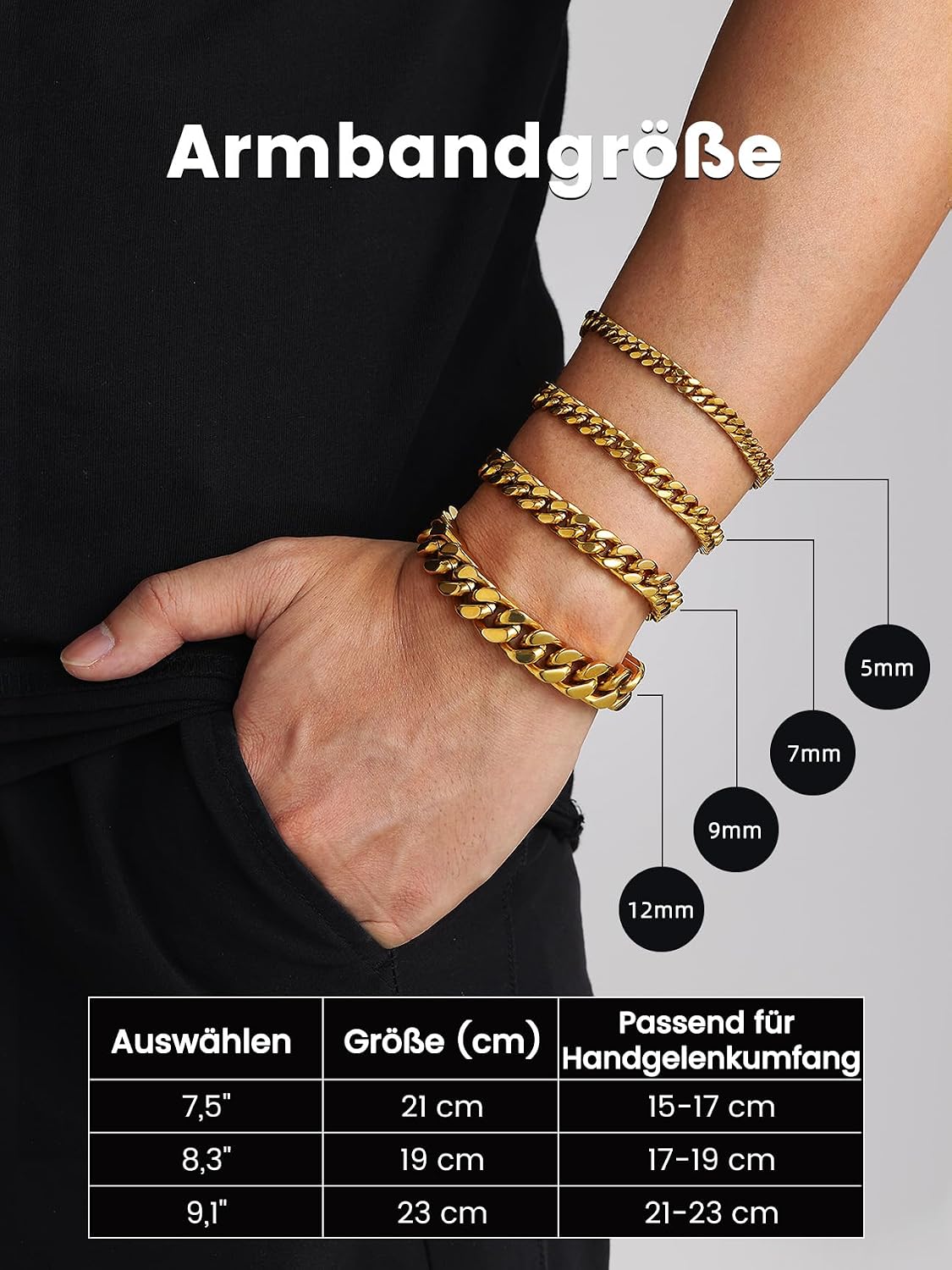 Detalle 2 de Bestyle Herren-Armband aus Edelstahl (Panzerkette) – 5/7/9/12,5 mm Breite, 19/21/23 cm Länge in Silber/Schwarz/Gold