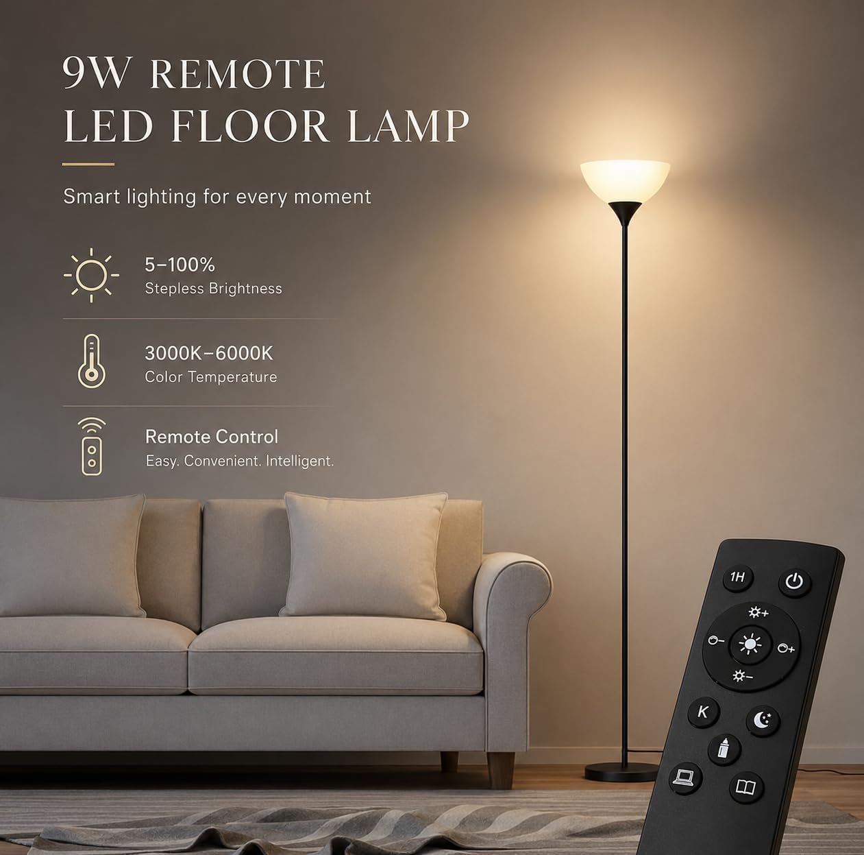 Detalle 1 de PESRAE Matte Black Torchiere Floor Lamp with Remote and Adjustable 9W LED