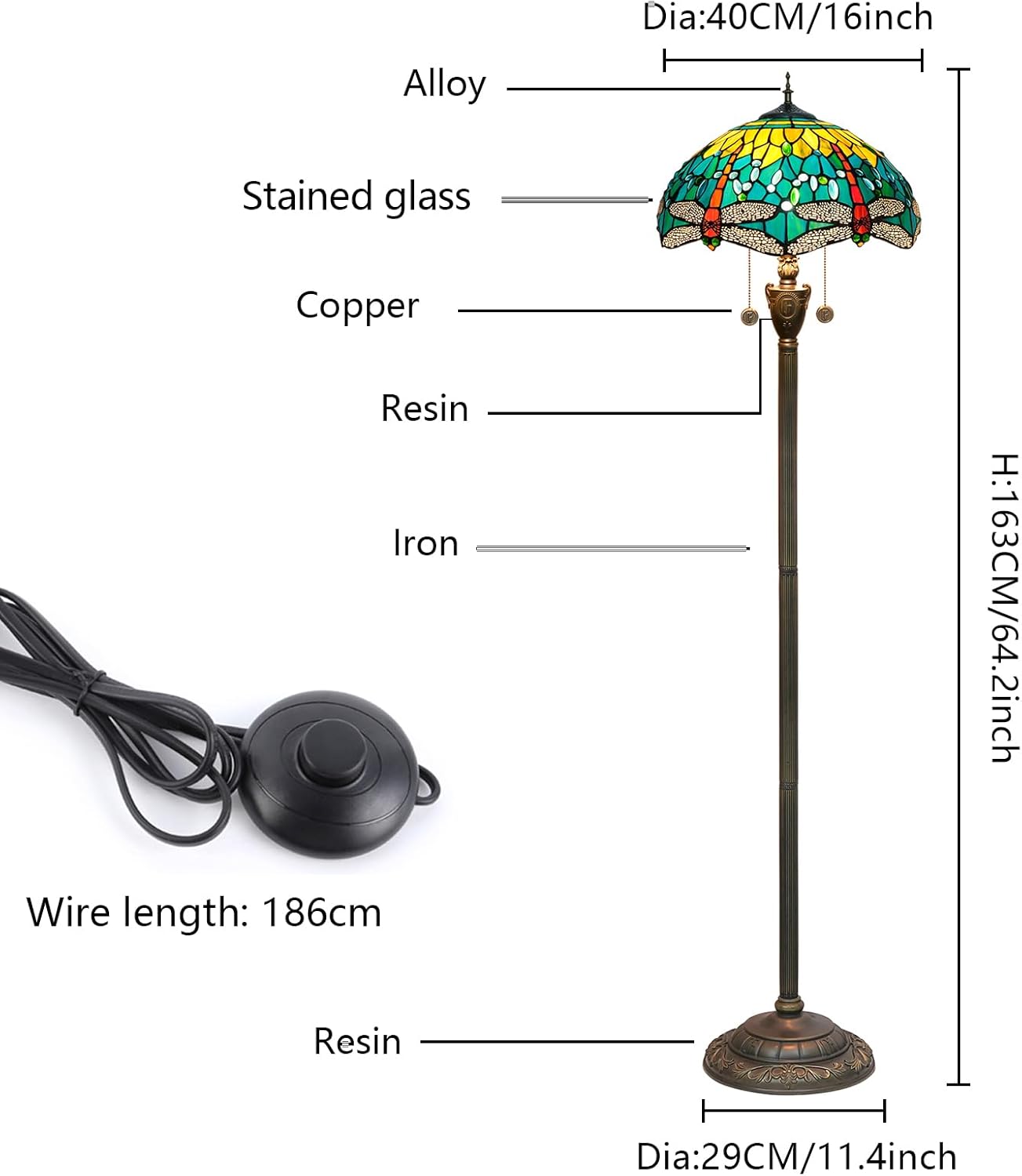 Thumbnail 5 de Blivuself Tiffany-style dragonfly floor lamp with stained glass shade and pull chain