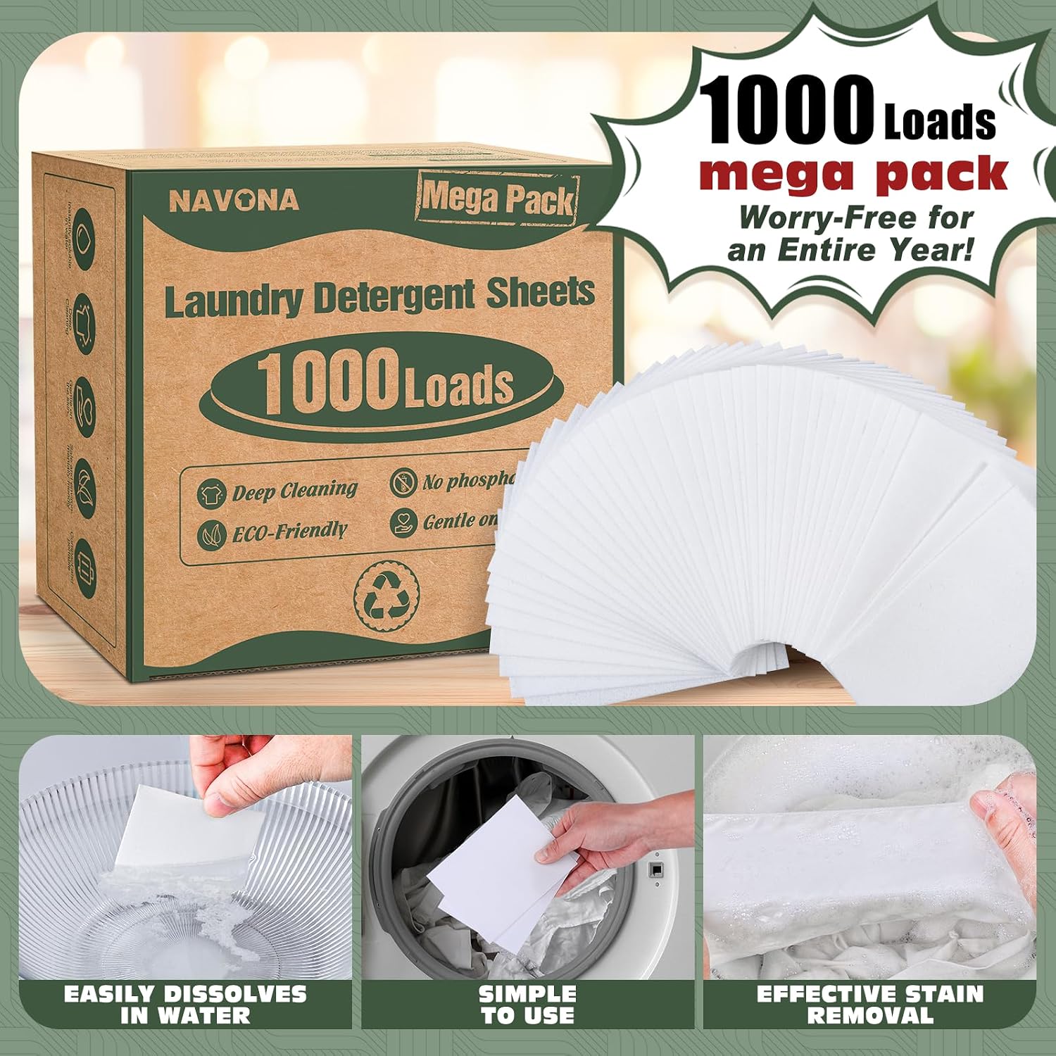 Detalle de Navona 1000 Loads Mega Pack Laundry Detergent Sheets, Fresh Scent