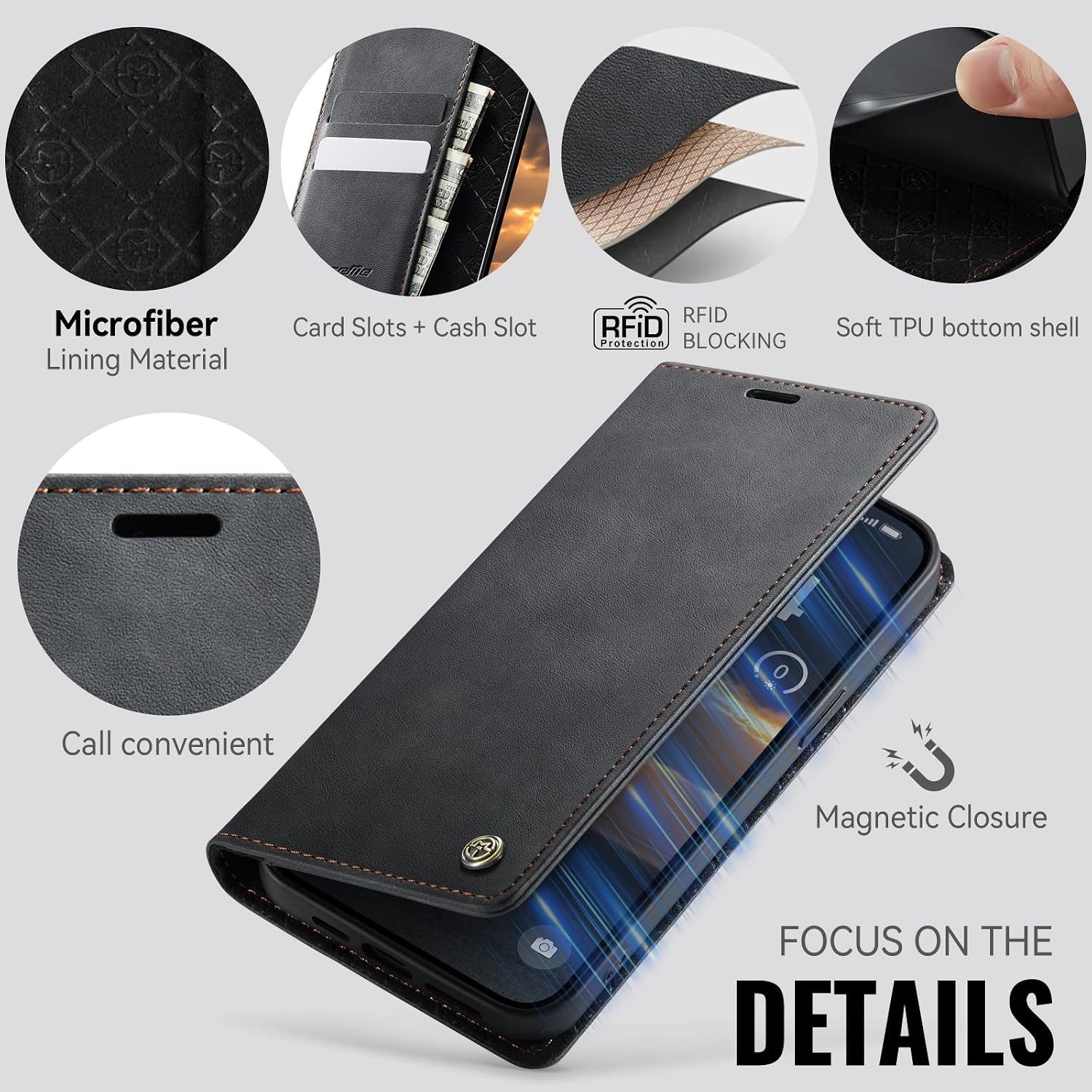 Detalle de Lonjanfon iPhone 14 Pro 5G Flip Wallet Hülle aus Kunstleder mit RFID-Schutz