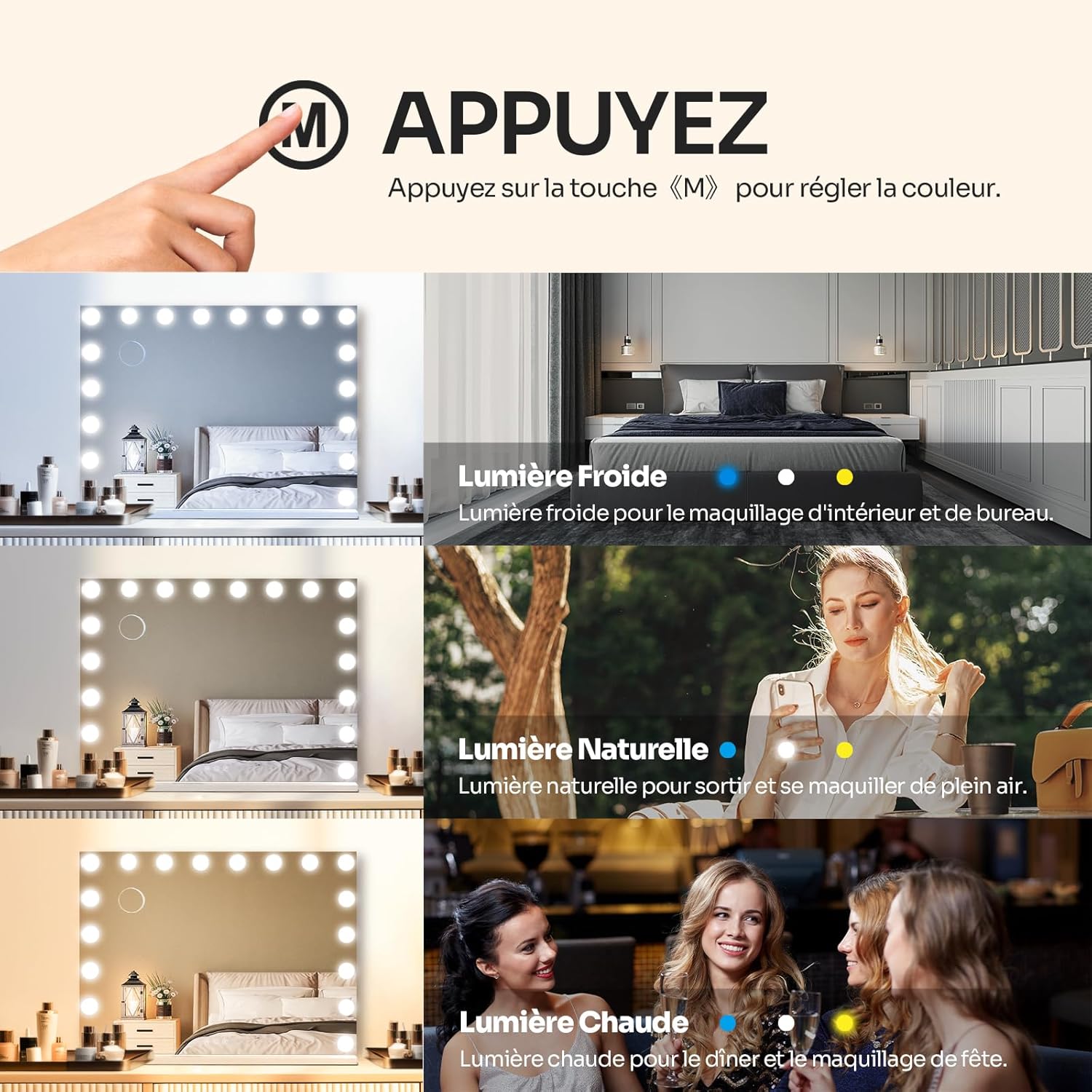 Thumbnail 1 de YU YUSING Hollywood Miroir Maquillage Lumineux 80x62 cm – LED 18 lampes, 3 couleurs, Grossissant 10x, montage mural