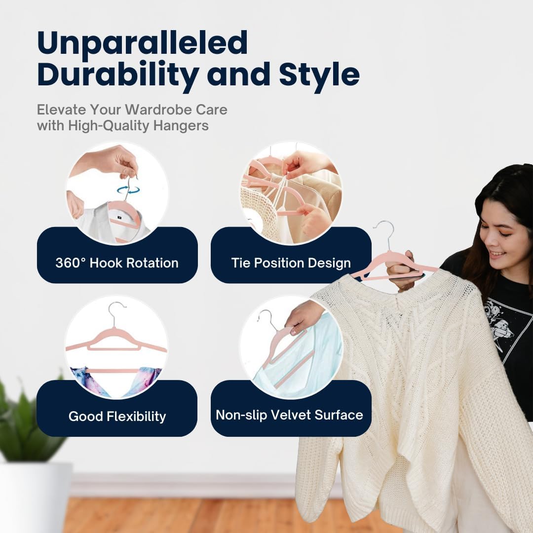 Thumbnail 4 de Sasha Morel 20 Pack Velvet Coat Hangers – Non-Slip, Space-Saving Pink Hangers with 360° Swivel Hooks