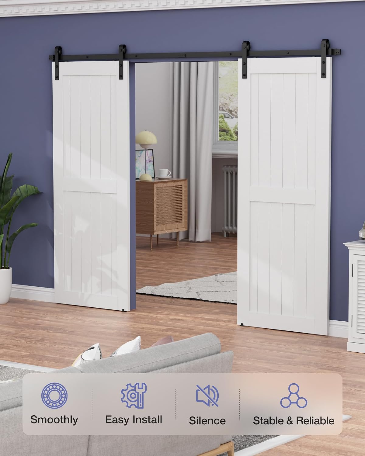 Detalle de ZEKOO GCM3727 11 ft Double Barn Door Hardware Kit, Steel Rail, 260 lb Capacity