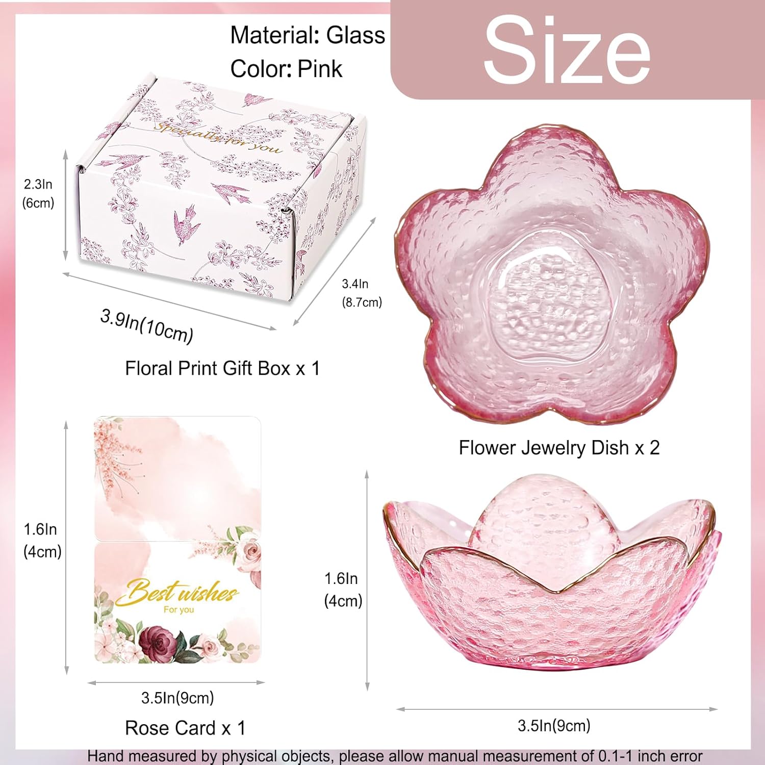 Detalle 1 de Binoster Pink Flower Trinket Dish Set (2 pcs) – Jewellery and Ring Holders for Small Desk or Bedroom Storage