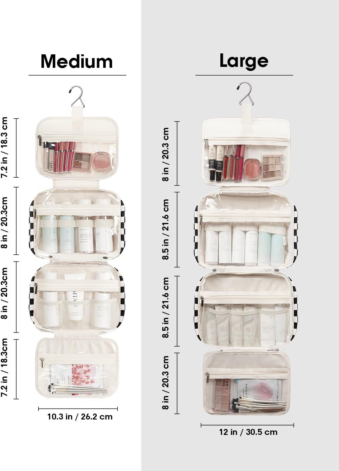 Detalle de Narwey Large Checkered Hanging Toiletry Bag (Light, large) with multiple compartments