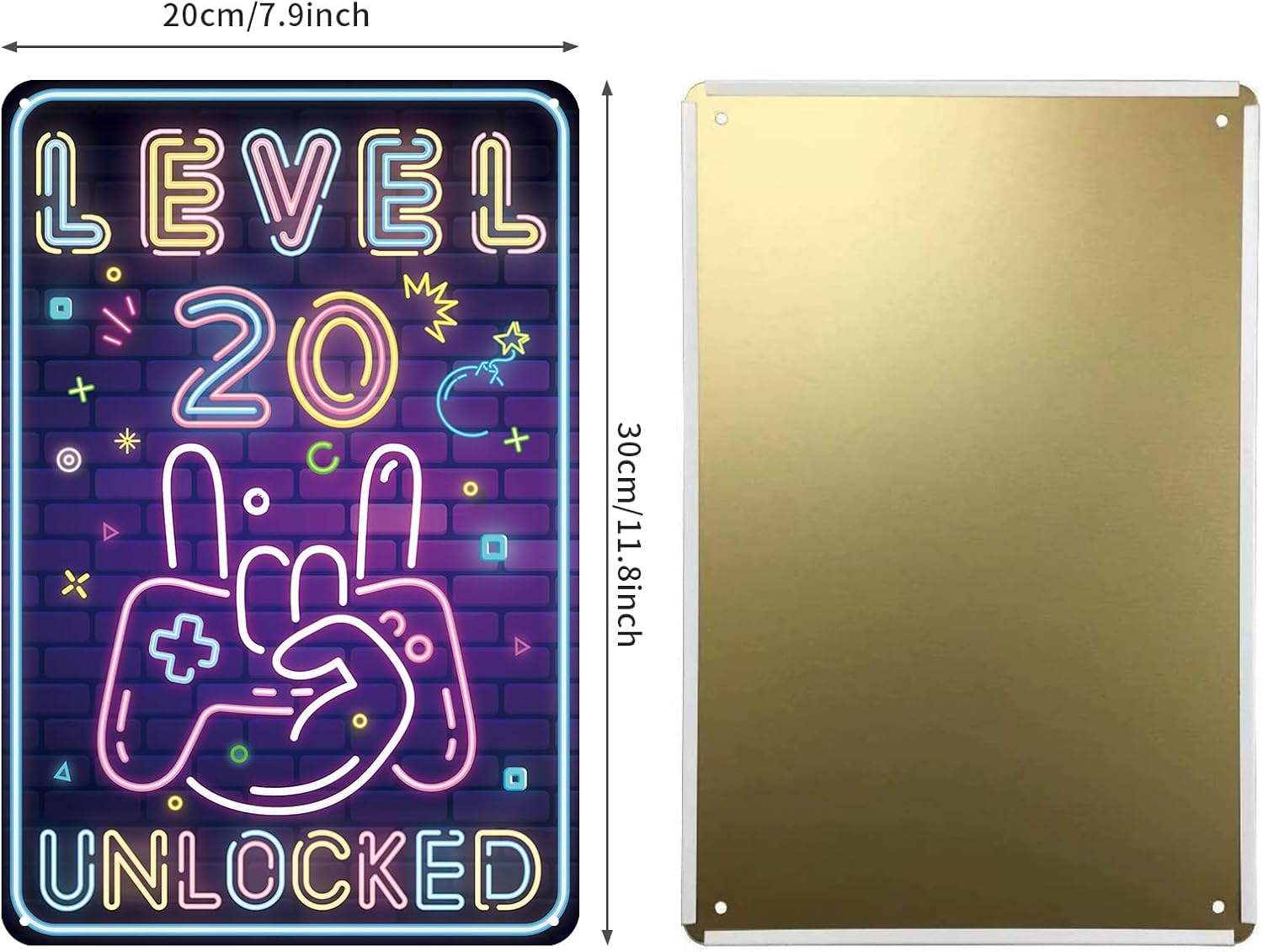 Detalle 2 de Sinekong Blechschild zum 20. Geburtstag „Level 20 UNLOCKED“ – Gamer Geburtstagsdeko mit vorgebohrten Löchern (20 x 30 cm)
