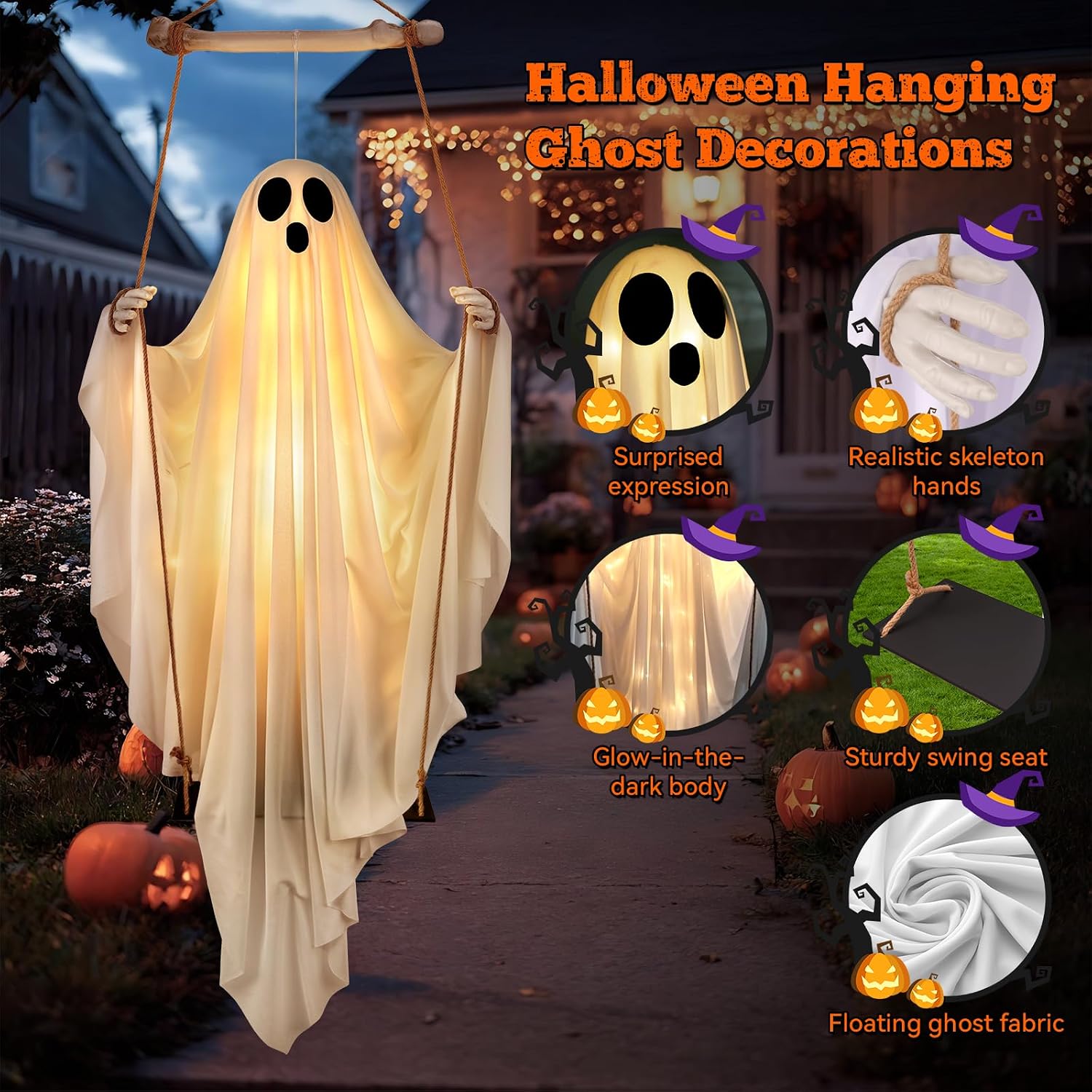 Thumbnail 5 de Jibeufi 5-Foot Hanging Ghost Halloween Decoration with Remote and 8 LED Modes