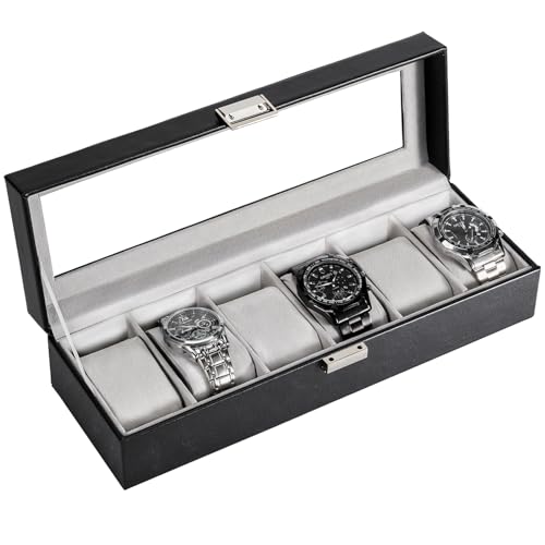 Detalle de ProCase Caja de Relojes con 6 Compartimentos, tapa de cristal y cojín extraíble – Negro