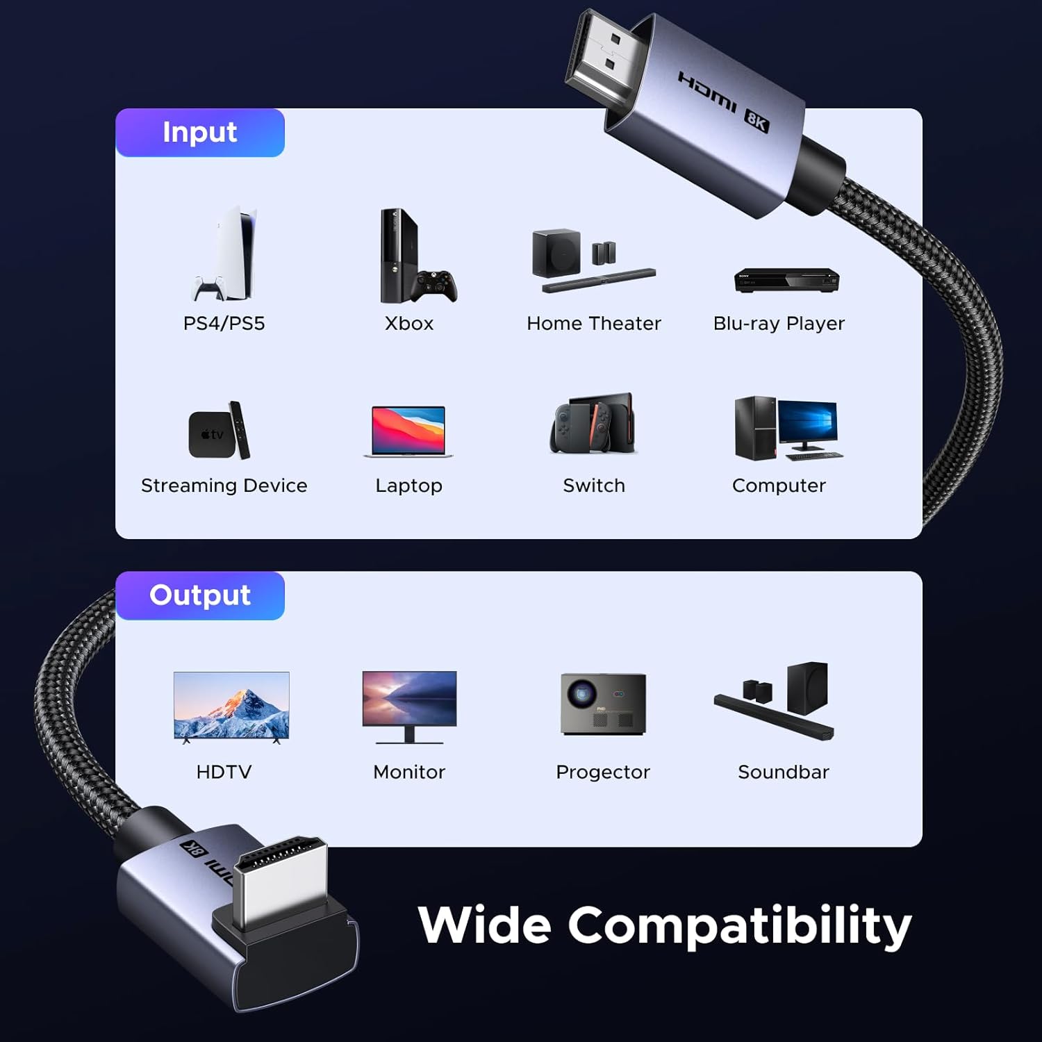Thumbnail 6 de UGREEN Cavo HDMI 2.1 Curvo 90° 8K/60Hz – 48 Gbps, Alluminio e Nylon Treccia