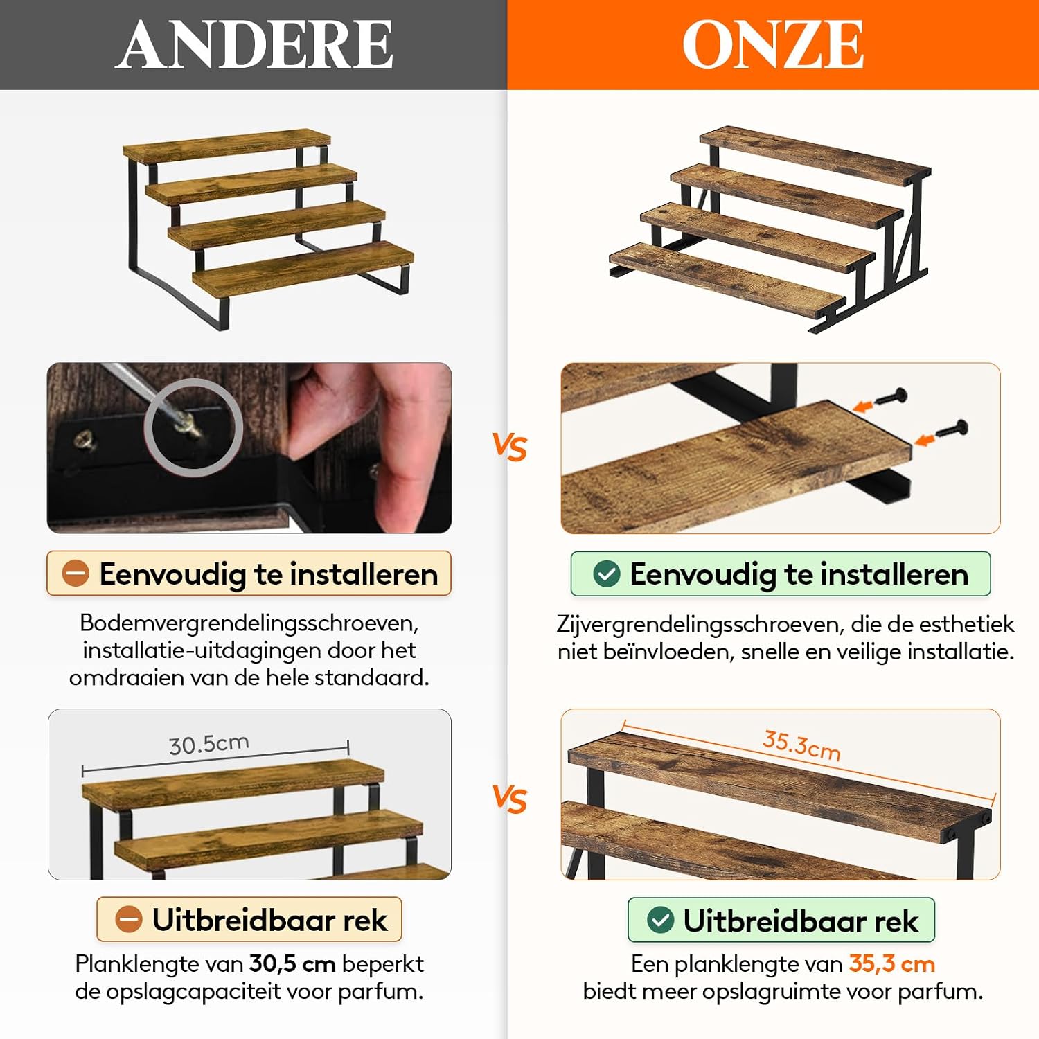 Thumbnail 2 de Lifewit 24461 displaystandaard met 4 niveaus, hout en zwart metaal