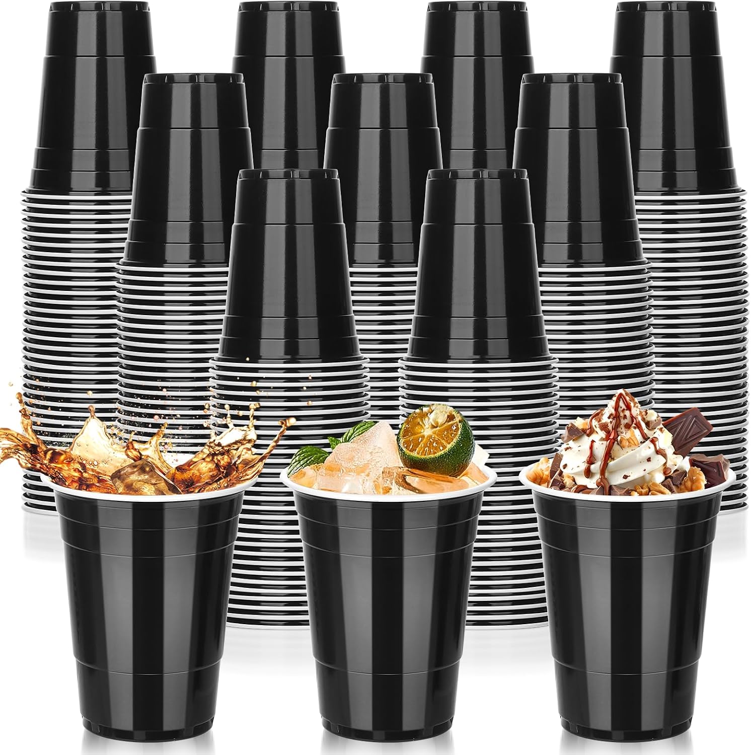 Detalle de DI QIU REN 16 oz Black Plastic Cups, 100-Pack, Stackable with Fill Lines