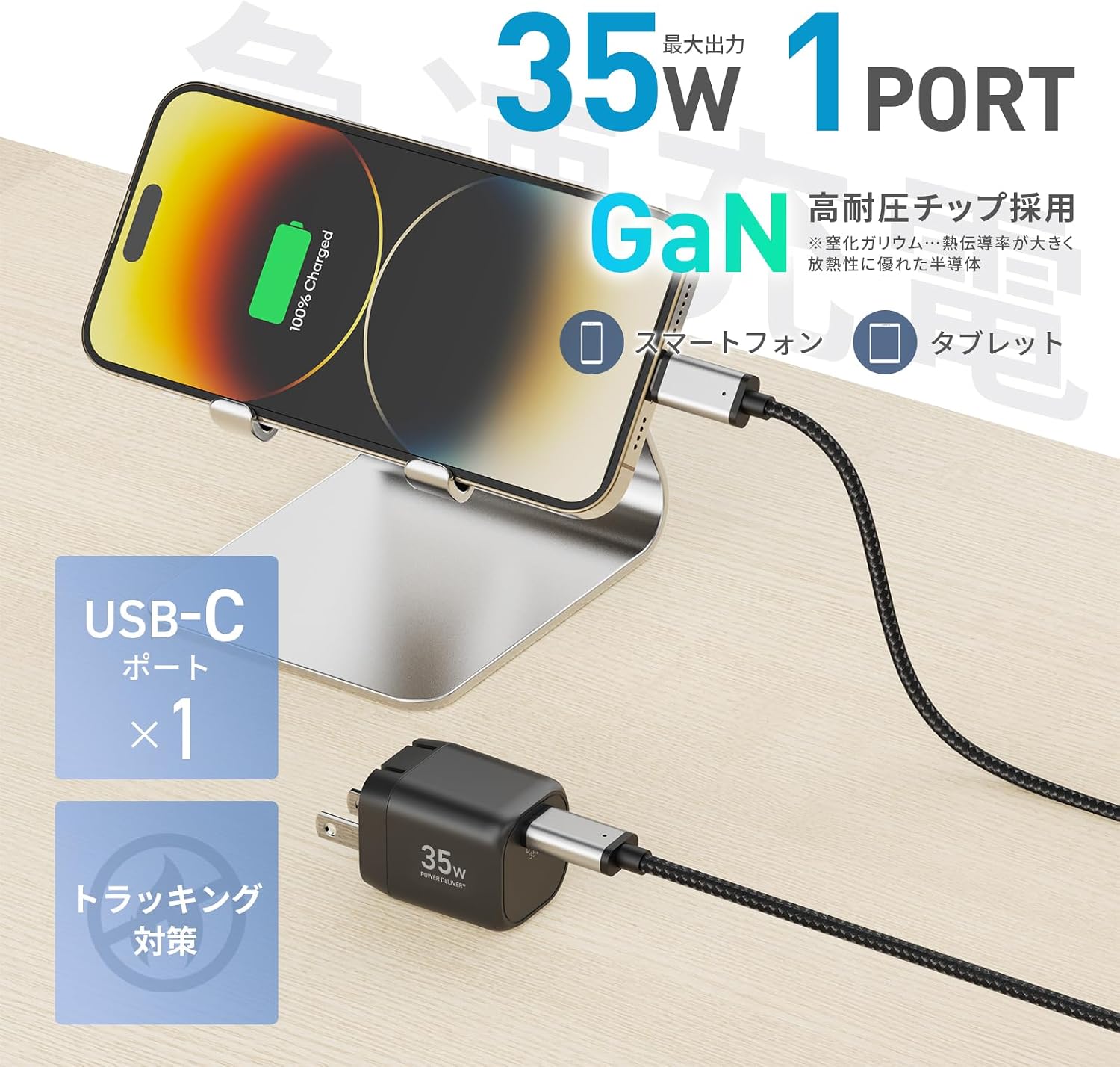 Detalle 1 de 山善 ELEIN YBF-A20 40cm工場扇 USB Type-C・バッテリー対応、35W PD充電器 YPD-35Cセット