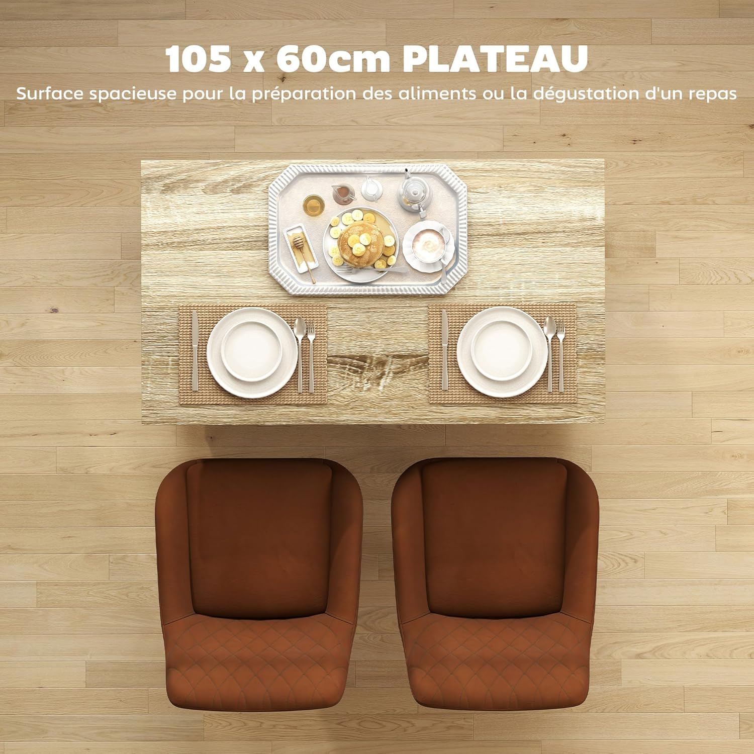 Thumbnail 5 de HOMCOM desserte d’îlot de cuisine 105 x 60 cm, plan de travail effet bois, 2 placards et étagères réglables