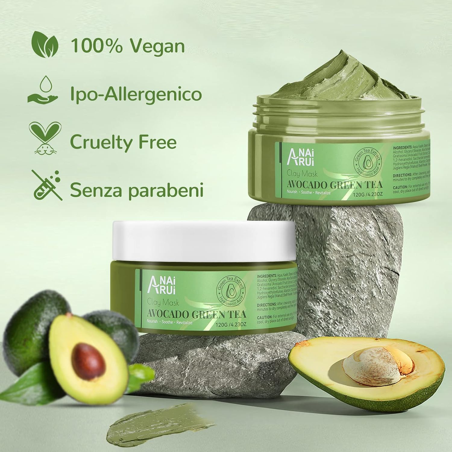 Detalle 2 de ANAiRUi Maschera di fango con Avocado e tè verde – Maschera viso idratante e purificante 120g