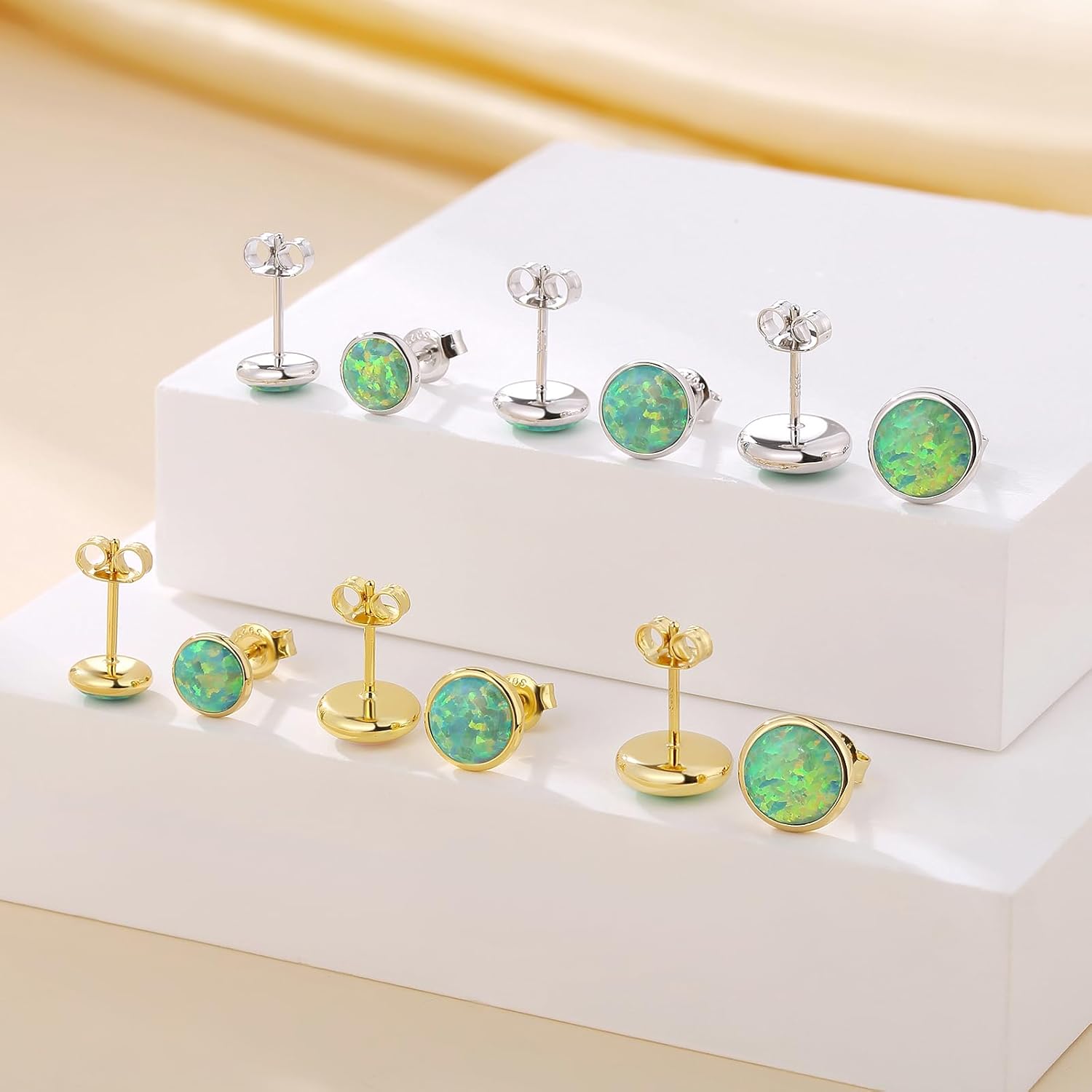 Detalle de 18 Karat Weißgold überzogen Opal Ohrstecker, S925 Silber – Größen 6/7/8 mm